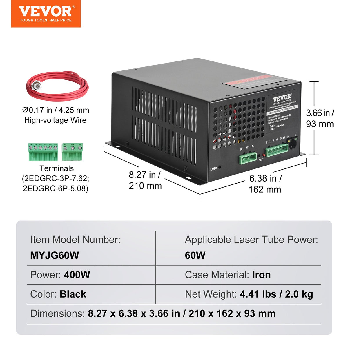 VEVOR CO2 Laser Power Supply, 60W, Power Supply for 60W Laser Tube, Constant Current Protection, Open Circuit Protection, Fast Heat Dissipation, Compatible for Multi-brand Laser Engravers & Cutters - EYHTJGGDY60W1SK33V6 - view 8