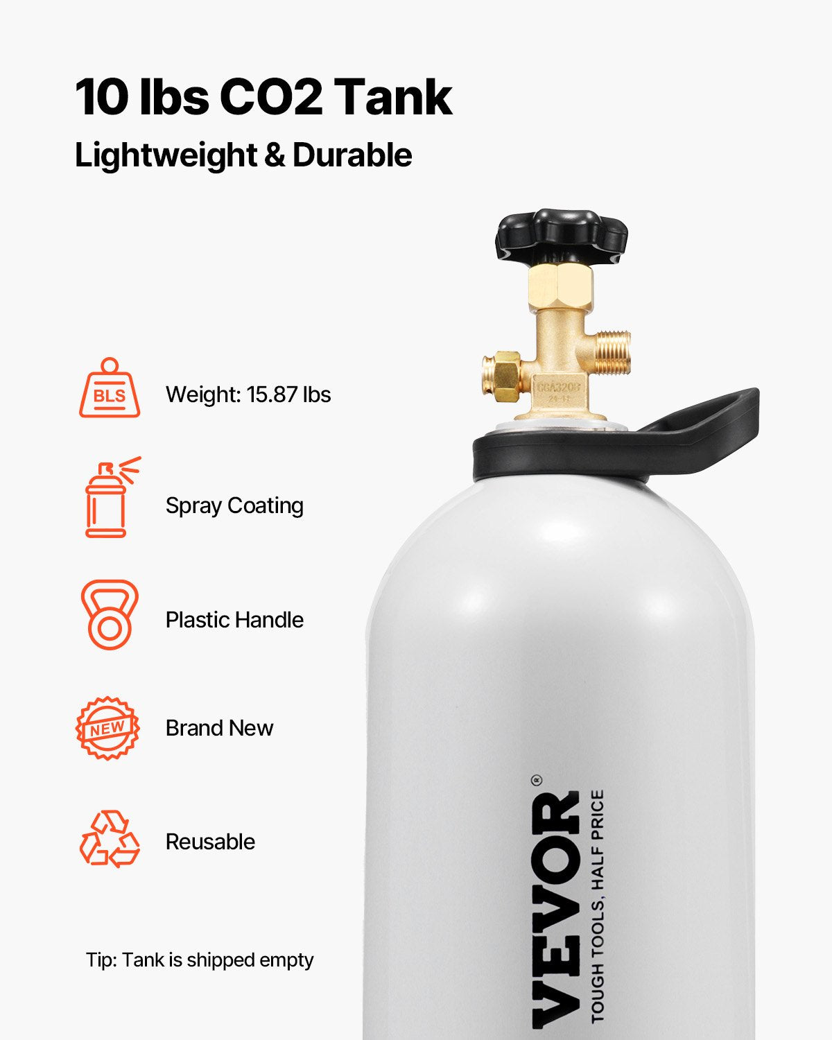 VEVOR CO2 Tank, 10 lbs New Aluminum Alloy Cylinder, CO2 Air Tank with Light Spray Coating, CGA320 Valve, Handle & Adjustable Pressure, DOT Approved Cylinder for Draft Beer Dispensing and Soda Maker - EYHTQGL10LBSDRW2PV0 - view 3