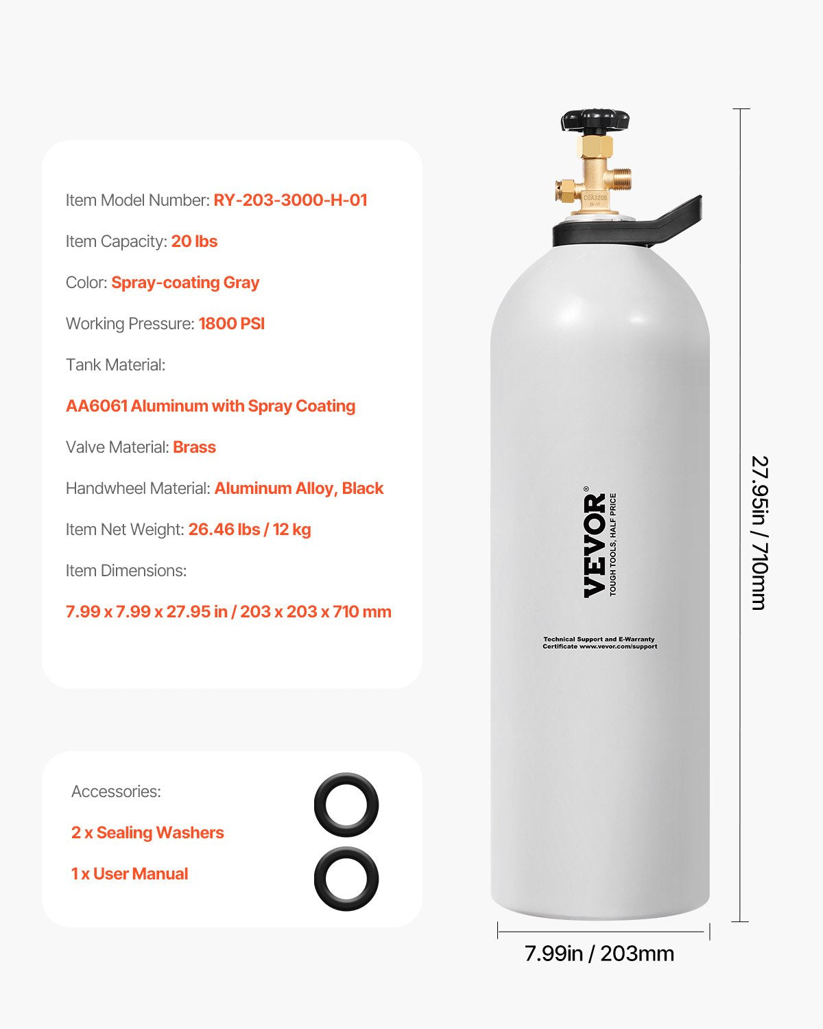 VEVOR CO2 Tank, 20 lbs New Aluminum Alloy Cylinder, CO2 Air Tank with Spray Coating, CGA320 Valve, Handle & Adjustable Pressure, DOT & TC Approved Cylinder for Draft Beer Dispensing and Soda Maker - EYHTQGL20LBSFW9E8V0 - view 8