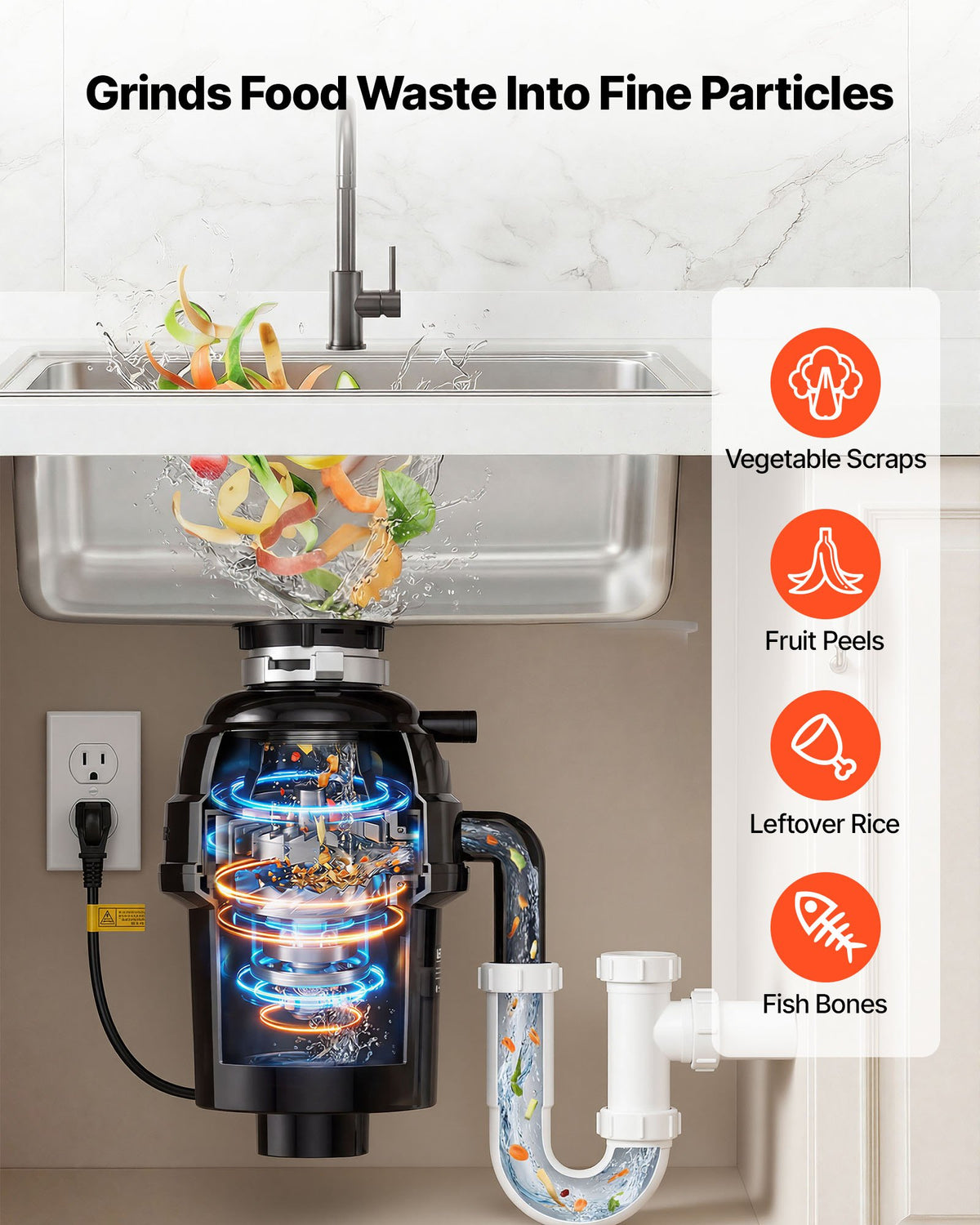VEVOR Food Waste Garbage Disposal, 1HP 3500RPM DC Motor, Continuous Feed Kitchen Sink Garbage Disposer