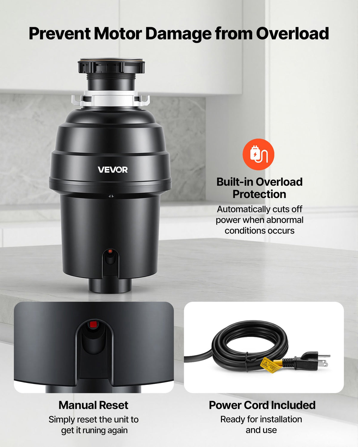 VEVOR Food Waste Garbage Disposal, 1HP 3500RPM DC Motor, Continuous Feed Kitchen Sink Garbage Disposer