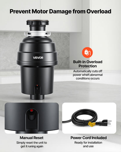 VEVOR Food Waste Garbage Disposal, 1HP 3500RPM DC Motor, Continuous Feed Kitchen Sink Garbage Disposer