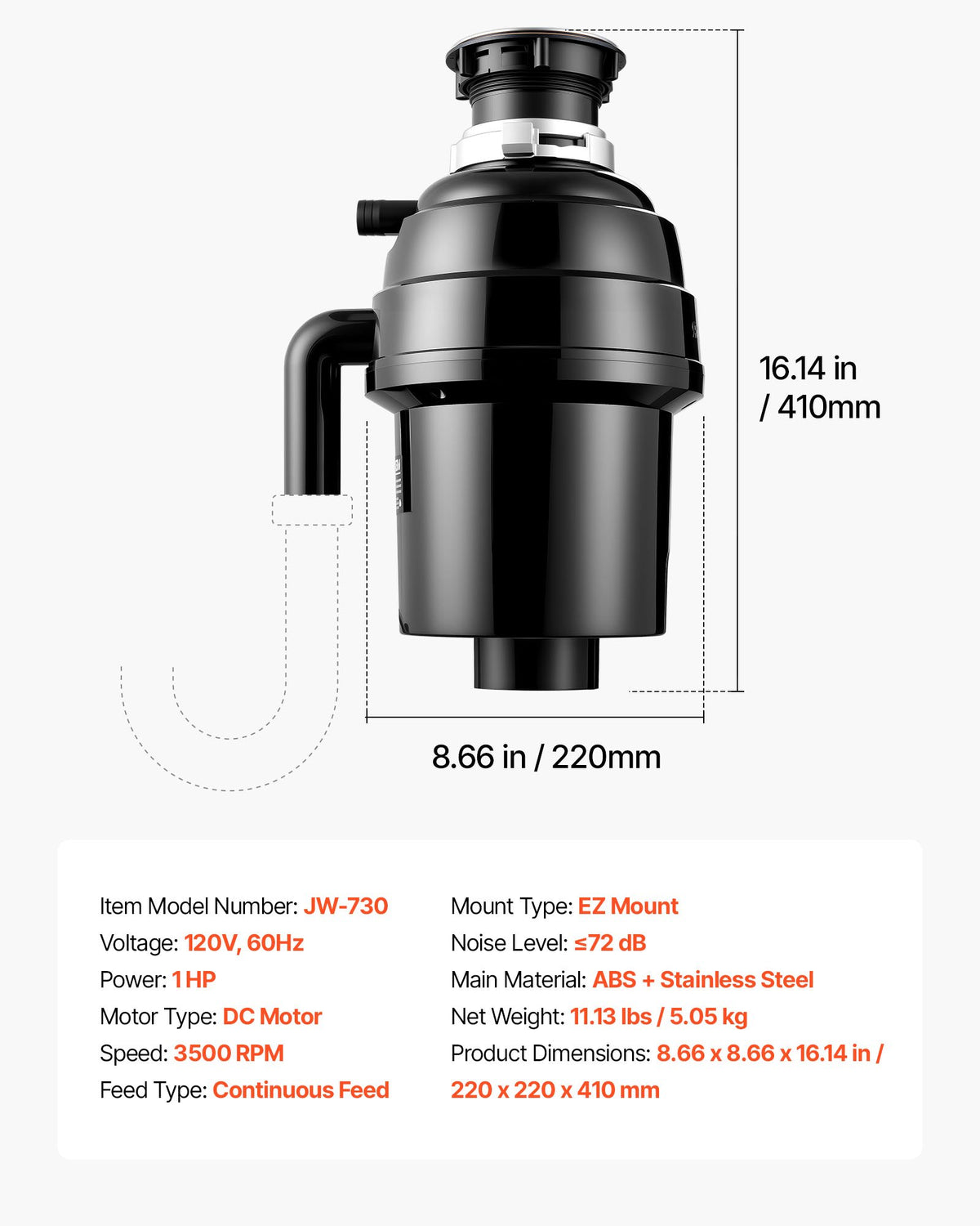 VEVOR Food Waste Garbage Disposal, 1HP 3500RPM DC Motor, Continuous Feed Kitchen Sink Garbage Disposer