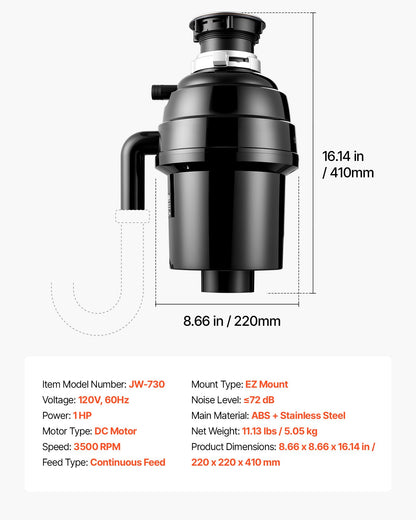 VEVOR Food Waste Garbage Disposal, 1HP 3500RPM DC Motor, Continuous Feed Kitchen Sink Garbage Disposer