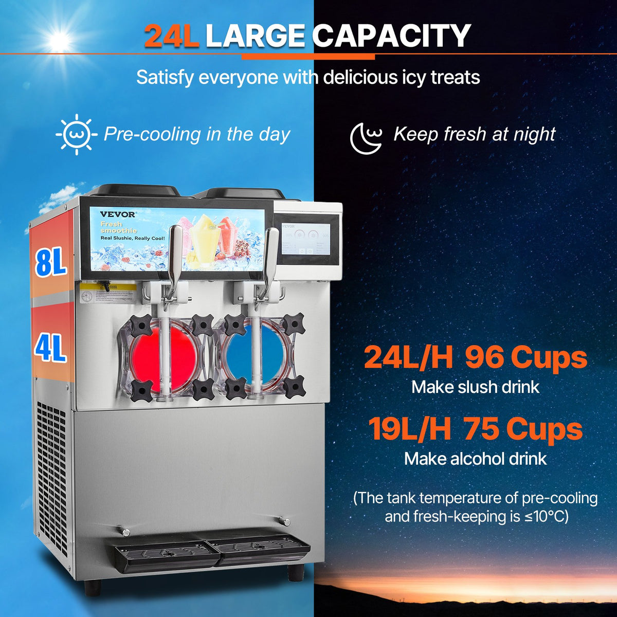 VEVOR Commercial Slushy Machine, 2 x 12L / 3.17 Gal Double Tanks, Cool and Freeze Modes, Stainless Steel Margarita Smoothie Frozen Drink Maker, Slushie Machine for Party Cafes Restaurants Bars Home - FB8L4L22000W2RDAFV1 - view 4
