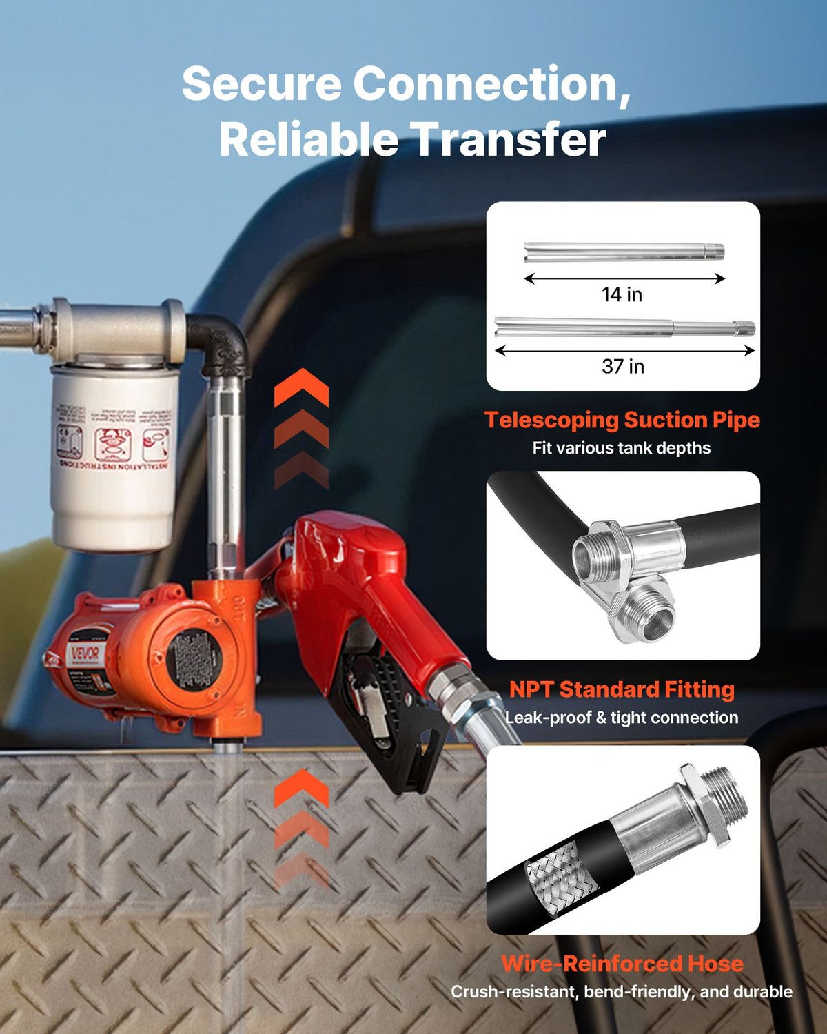 VEVOR Fuel Transfer Pump, 12V DC 10 GPM, Portable Diesel Transfer Pump Kit, with Auto Shut-Off Nozzle, Discharge Hose, Overheat Protection, Power Cable, Explosion-Proof, for Gasoline Diesel Kerosene - FBBMG10GPM152FVZM001V9 - view 7