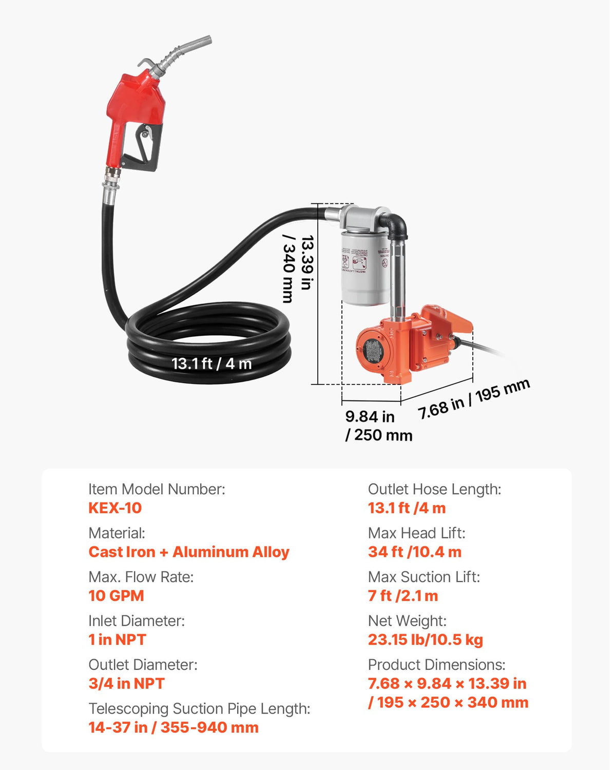 VEVOR Fuel Transfer Pump, 12V DC 10 GPM, Portable Diesel Transfer Pump Kit, with Auto Shut-Off Nozzle, Discharge Hose, Overheat Protection, Power Cable, Explosion-Proof, for Gasoline Diesel Kerosene - FBBMG10GPM152FVZM001V9 - view 8