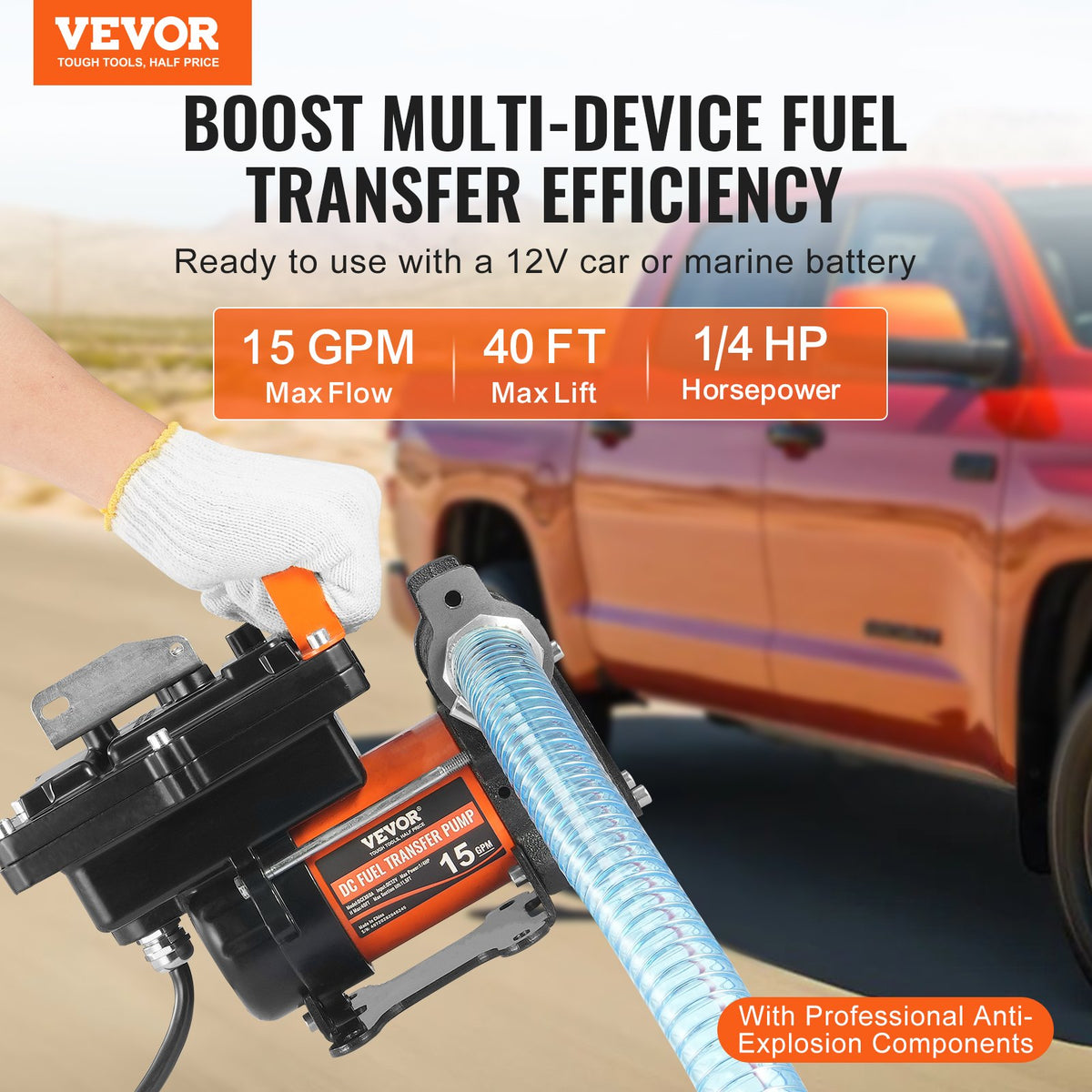 VEVOR Fuel Transfer Pump, 12V DC 15 GPM 1/4 HP, Portable Electric Diesel Transfer Pump with Auto Shut-Off Fuel Nozzle, Long Inlet & Outlet Hose for Gasoline, Diesel, Kerosene, Methanol Blends - FBBMG15GPM14E8RUQV9 - view 3