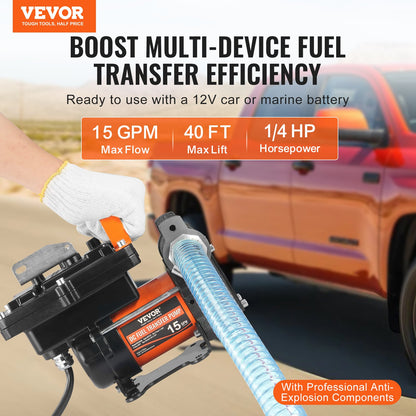 VEVOR Fuel Transfer Pump, 12V DC 15 GPM 1/4 HP, Portable Electric Diesel Transfer Pump with Auto Shut-Off Fuel Nozzle, Long Inlet & Outlet Hose for Gasoline, Diesel, Kerosene, Methanol Blends - FBBMG15GPM14E8RUQV9 - view 3