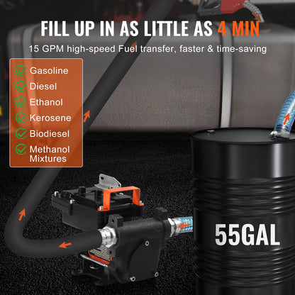 VEVOR Fuel Transfer Pump, 12V DC 15 GPM 1/4 HP, Portable Electric Diesel Transfer Pump with Auto Shut-Off Fuel Nozzle, Long Inlet & Outlet Hose for Gasoline, Diesel, Kerosene, Methanol Blends - FBBMG15GPM14E8RUQV9 - view 4