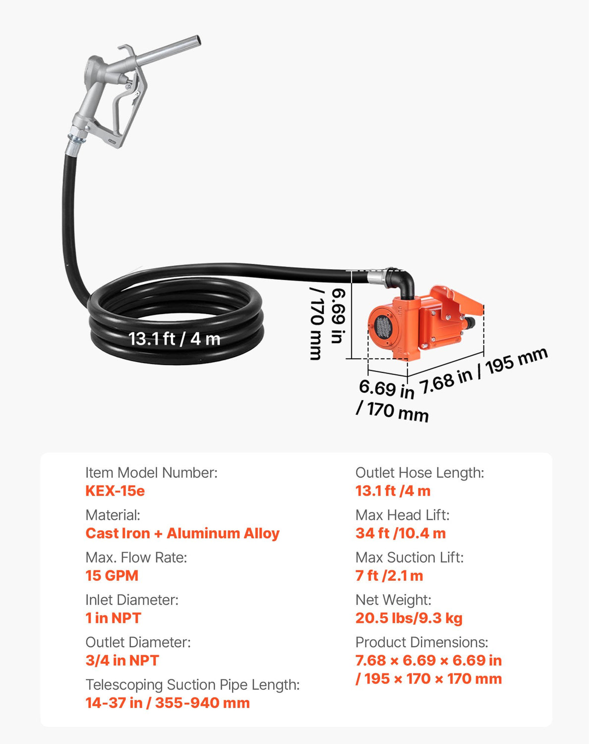 VEVOR Fuel Transfer Pump, 12V DC 15 GPM, Cast Iron Diesel Transfer Pump Kit, with Manual Nozzle, Discharge Hose, Overheat Protection, Power Cable, Explosion-Proof, for Gasoline Diesel Kerosene & More - FBBMG15GPM15FBJ43001V9 - view 8