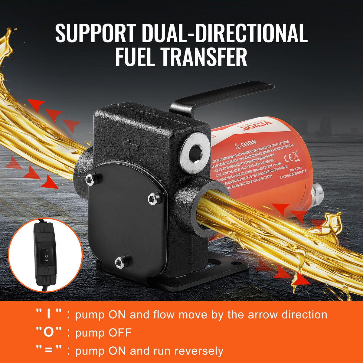 VEVOR Fuel Transfer Pump, 12V DC 5 GPM 1/10 HP, Portable Electric Diesel Transfer Pump with Auto Shut-Off Fuel Nozzle, Long Inlet & Outlet Hose for Gasoline Diesel, Kerosene, Methanol Blends - FBBMG37GPM11OTFVQV9 - view 5