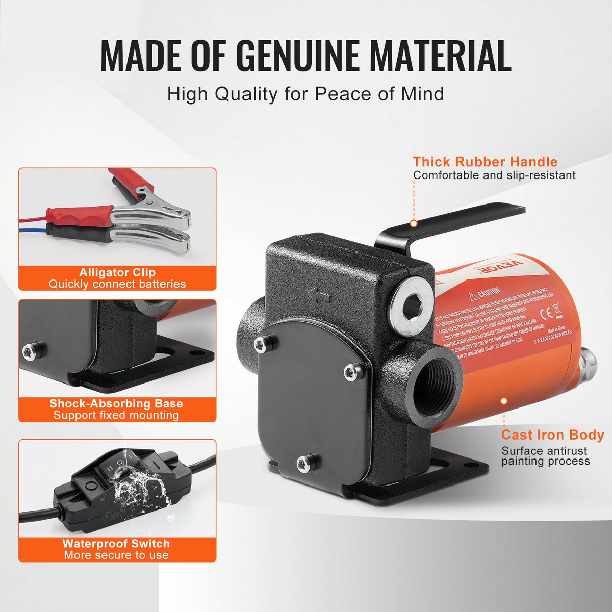 VEVOR Fuel Transfer Pump, 12V DC 5 GPM 1/10 HP, Portable Electric Diesel Transfer Pump with Auto Shut-Off Fuel Nozzle, Long Inlet & Outlet Hose for Gasoline Diesel, Kerosene, Methanol Blends - FBBMG37GPM11OTFVQV9 - view 7