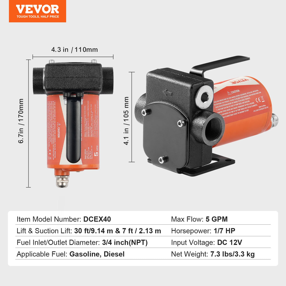 VEVOR Fuel Transfer Pump, 12V DC 5 GPM 1/10 HP, Portable Electric Diesel Transfer Pump with Auto Shut-Off Fuel Nozzle, Long Inlet & Outlet Hose for Gasoline Diesel, Kerosene, Methanol Blends - FBBMG37GPM11OTFVQV9 - view 8