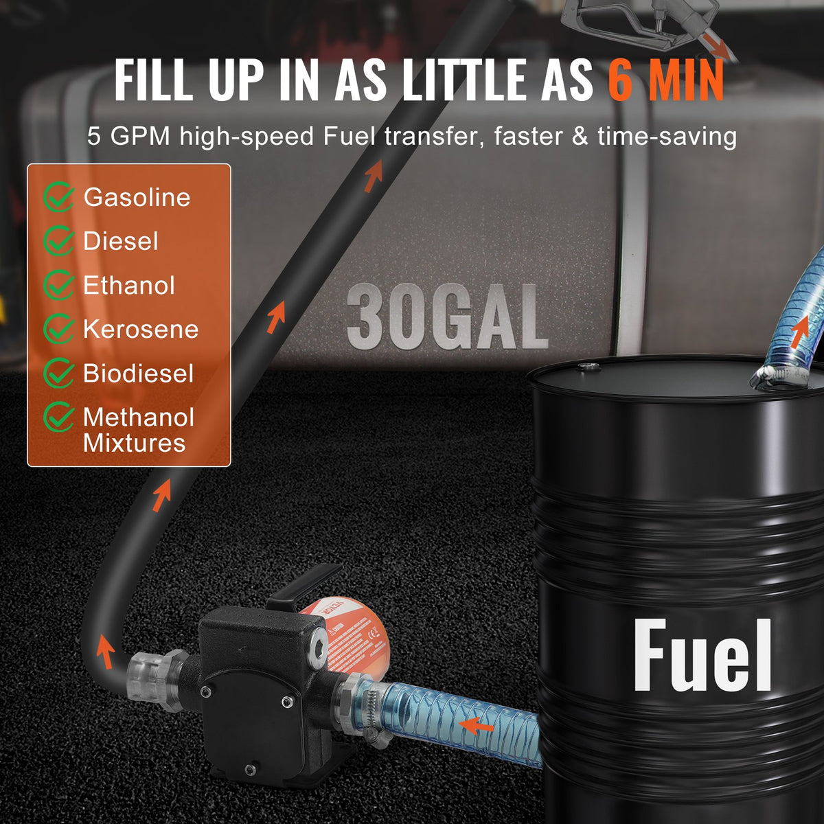 VEVOR Fuel Transfer Pump, 12V DC 5 GPM 1/10 HP, Portable Electric Diesel Transfer Pump with Auto Shut-Off Fuel Nozzle, Long Inlet & Outlet Hose for Gasoline, Diesel, Kerosene, Methanol Blends - FBBMG37GPM11Y1A3HV9 - view 4