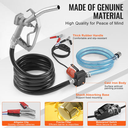 VEVOR Fuel Transfer Pump, 12V DC 5 GPM 1/10 HP, Portable Electric Diesel Transfer Pump with Auto Shut-Off Fuel Nozzle, Long Inlet & Outlet Hose for Gasoline, Diesel, Kerosene, Methanol Blends - FBBMG37GPM11Y1A3HV9 - view 7