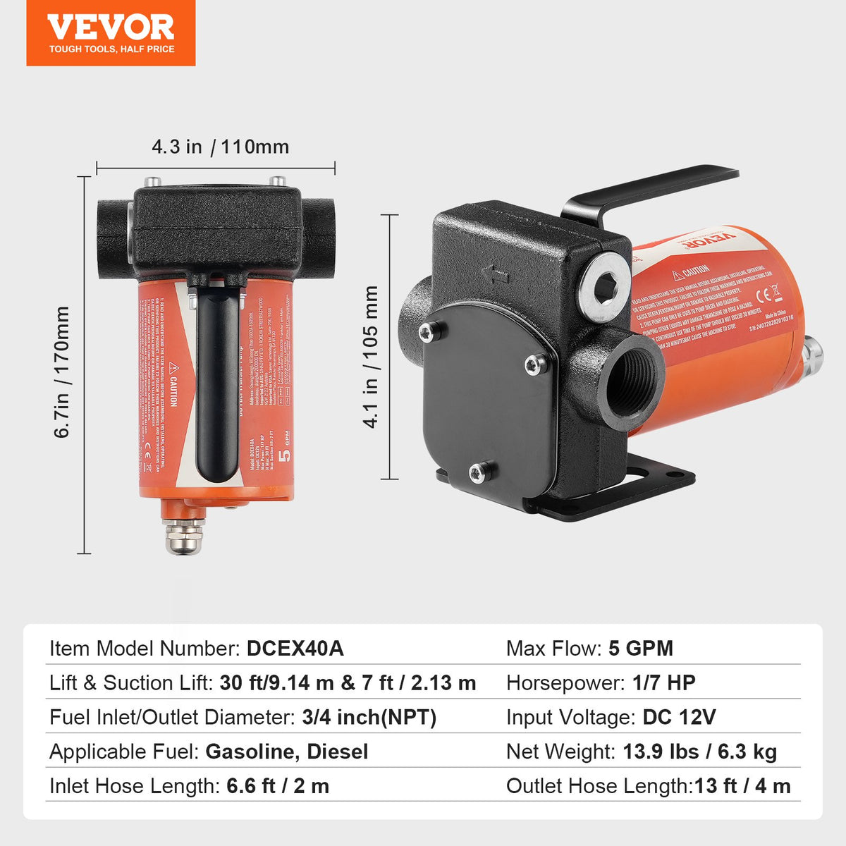 VEVOR Fuel Transfer Pump, 12V DC 5 GPM 1/10 HP, Portable Electric Diesel Transfer Pump with Auto Shut-Off Fuel Nozzle, Long Inlet & Outlet Hose for Gasoline, Diesel, Kerosene, Methanol Blends - FBBMG37GPM11Y1A3HV9 - view 8