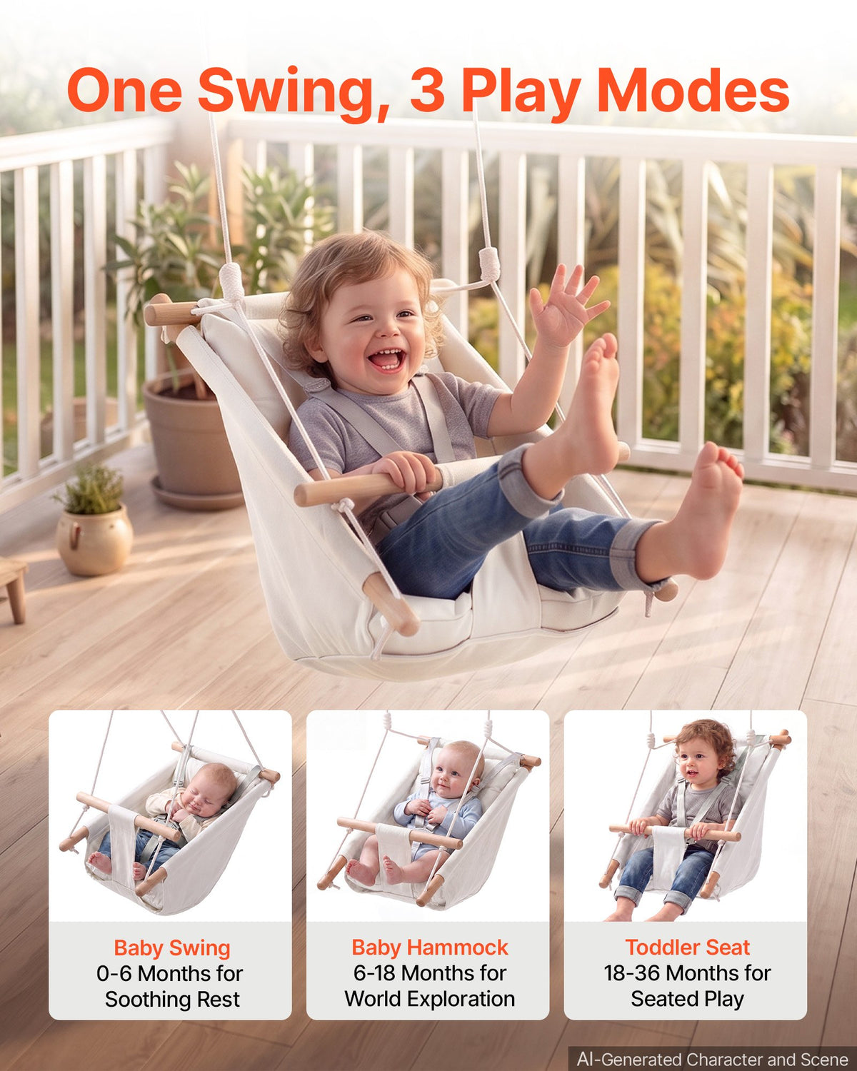 VEVOR Baby Swing 66 lbs Weight Capacity 3 Modes Canvas Hammock Swing White, for Indoor and Outdoor, 5-Point Harness and Tree Straps, Wooden Hanging Seat with Integrated Cushion for Baby to Toddler - FBDCQQZYFBDCGBI89001V0 - view 3
