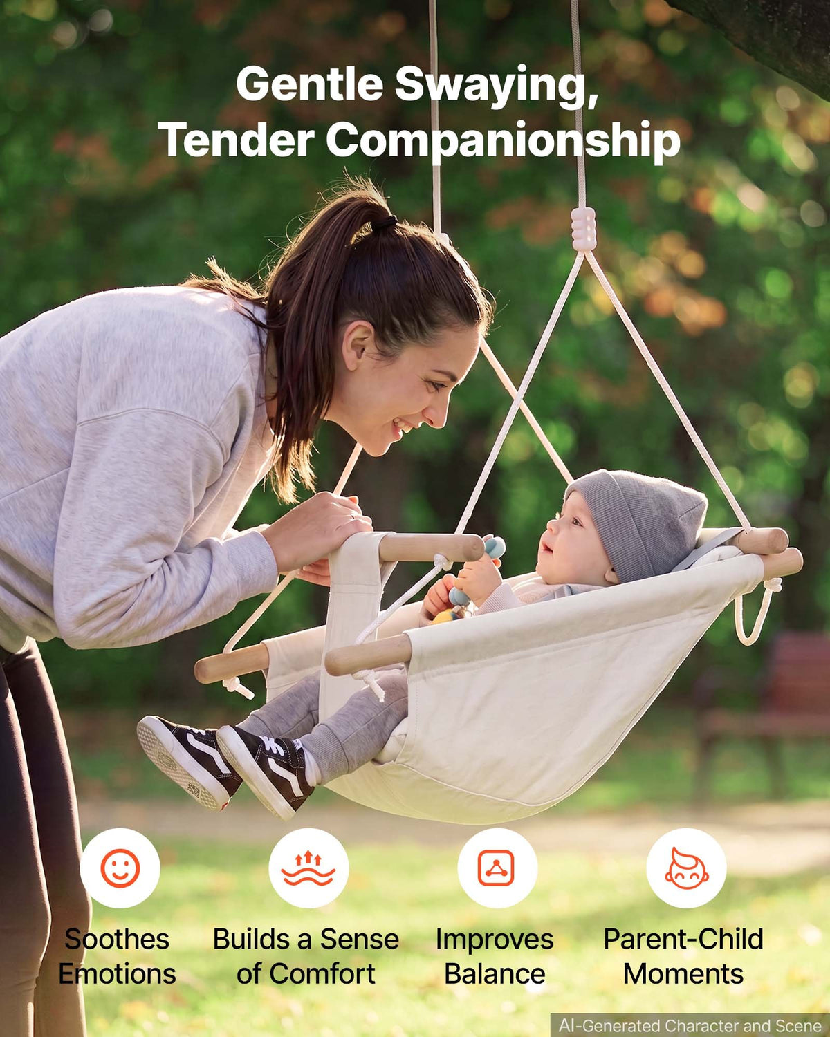 VEVOR Baby Swing 66 lbs Weight Capacity 3 Modes Canvas Hammock Swing White, for Indoor and Outdoor, 5-Point Harness and Tree Straps, Wooden Hanging Seat with Integrated Cushion for Baby to Toddler - FBDCQQZYFBDCGBI89001V0 - view 4