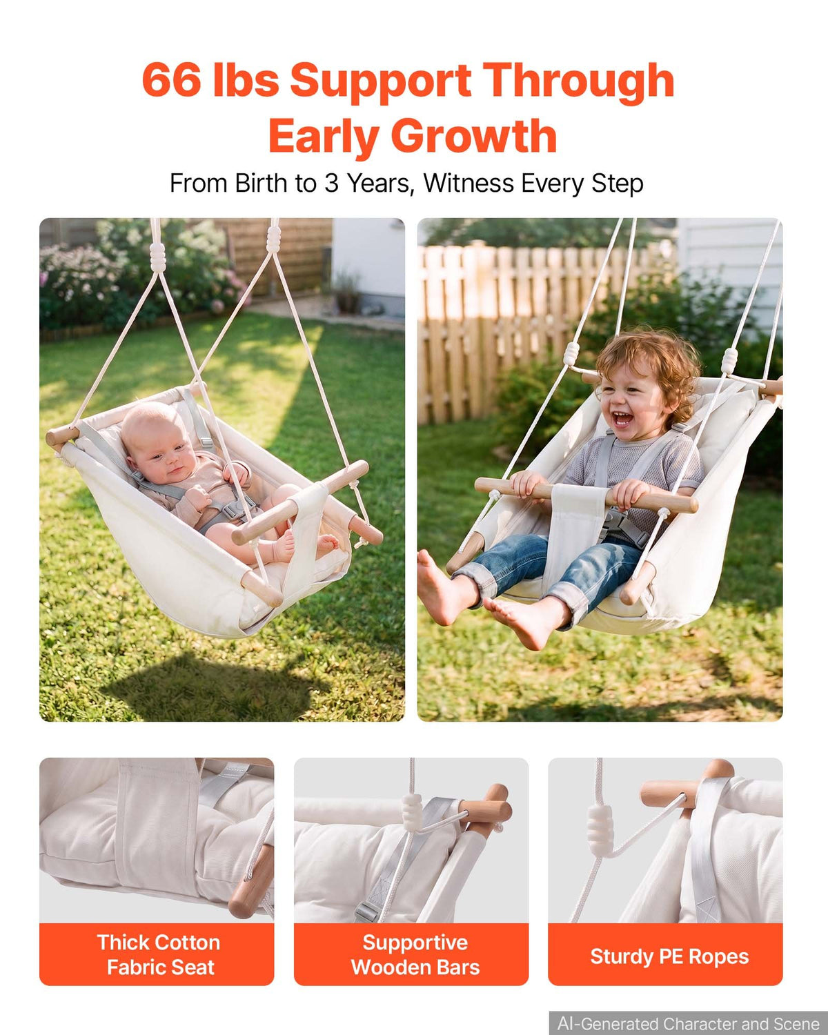 VEVOR Baby Swing 66 lbs Weight Capacity 3 Modes Canvas Hammock Swing White, for Indoor and Outdoor, 5-Point Harness and Tree Straps, Wooden Hanging Seat with Integrated Cushion for Baby to Toddler - FBDCQQZYFBDCGBI89001V0 - view 5