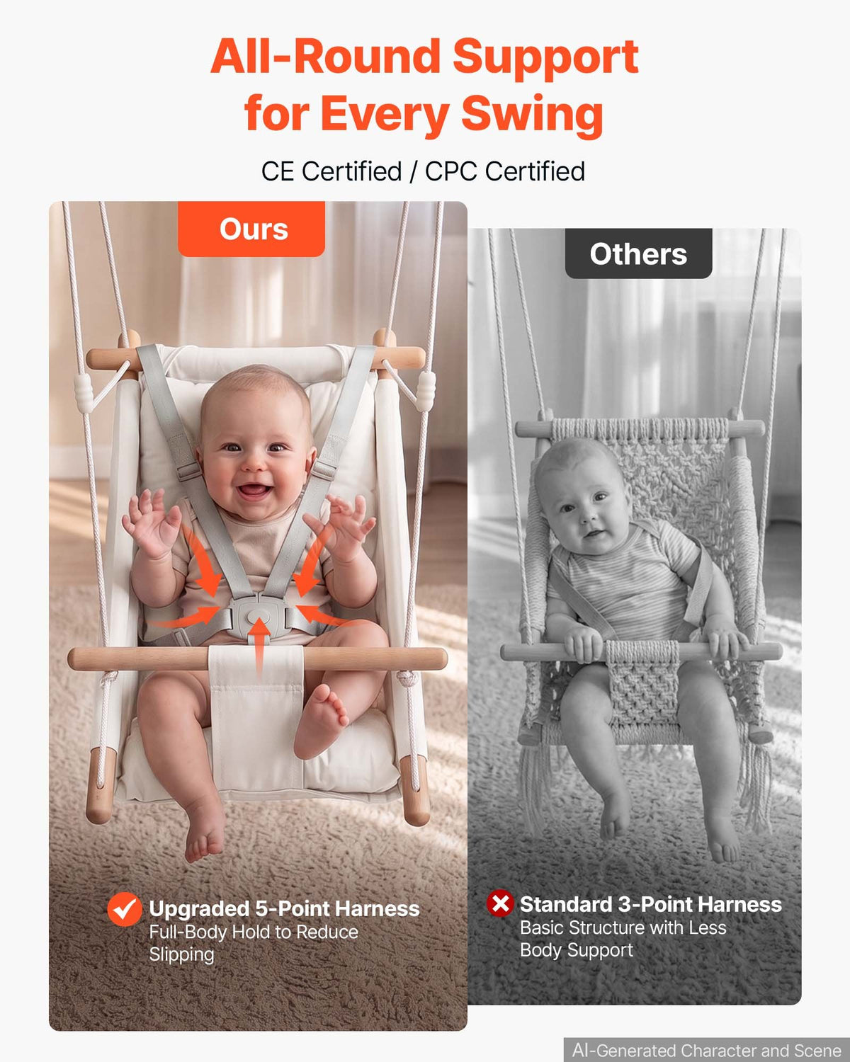 VEVOR Baby Swing 66 lbs Weight Capacity 3 Modes Canvas Hammock Swing White, for Indoor and Outdoor, 5-Point Harness and Tree Straps, Wooden Hanging Seat with Integrated Cushion for Baby to Toddler - FBDCQQZYFBDCGBI89001V0 - view 6