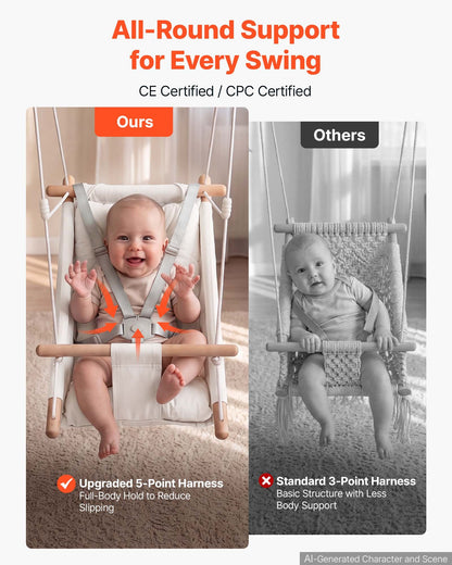 VEVOR Baby Swing 66 lbs Weight Capacity 3 Modes Canvas Hammock Swing White, for Indoor and Outdoor, 5-Point Harness and Tree Straps, Wooden Hanging Seat with Integrated Cushion for Baby to Toddler - FBDCQQZYFBDCGBI89001V0 - view 6