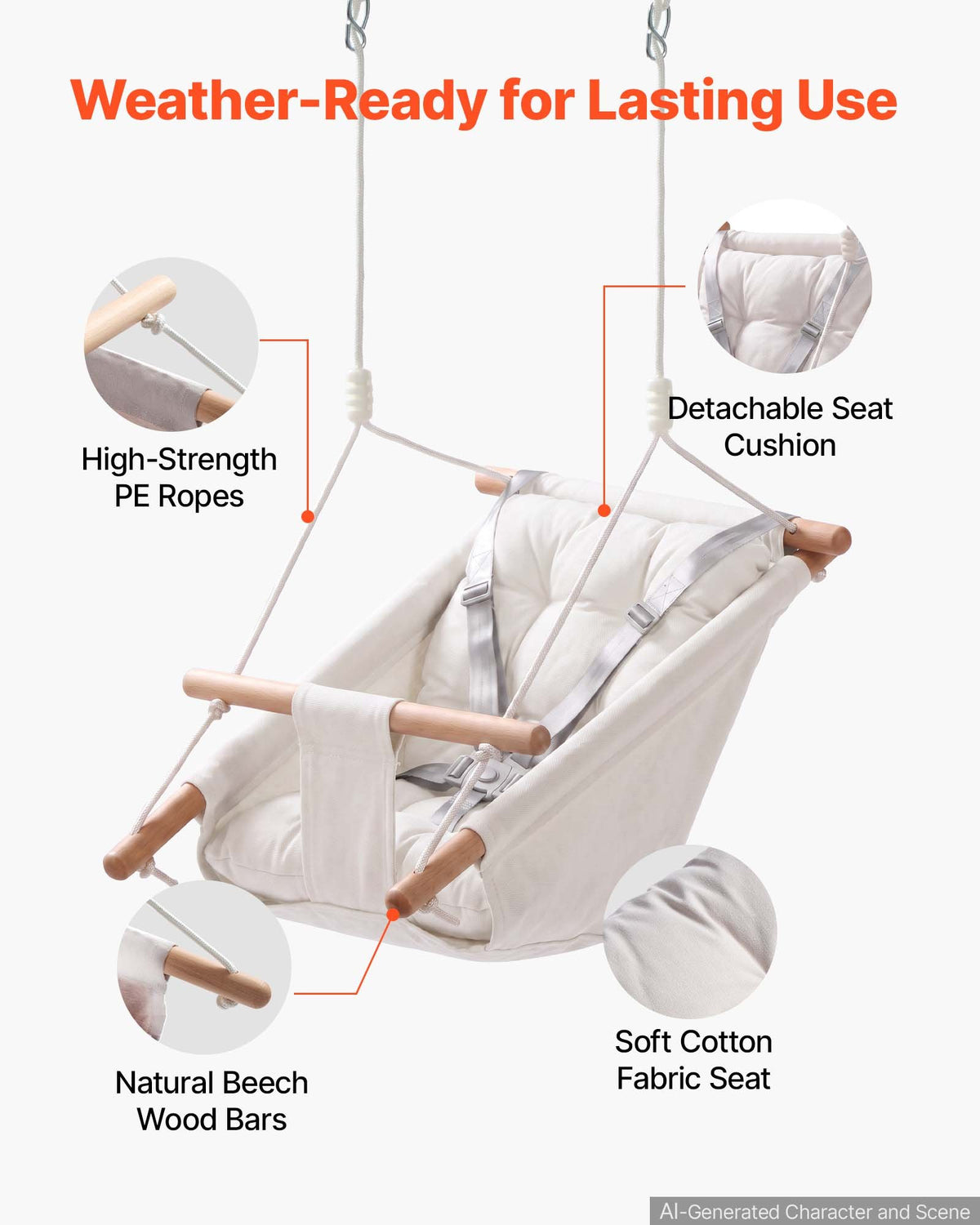 VEVOR Baby Swing 66 lbs Weight Capacity 3 Modes Canvas Hammock Swing White, for Indoor and Outdoor, 5-Point Harness and Tree Straps, Wooden Hanging Seat with Integrated Cushion for Baby to Toddler - FBDCQQZYFBDCGBI89001V0 - view 7