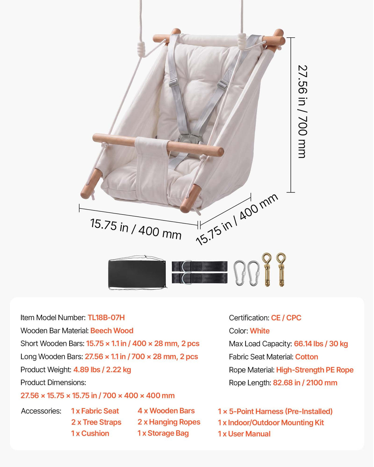 VEVOR Baby Swing 66 lbs Weight Capacity 3 Modes Canvas Hammock Swing White, for Indoor and Outdoor, 5-Point Harness and Tree Straps, Wooden Hanging Seat with Integrated Cushion for Baby to Toddler - FBDCQQZYFBDCGBI89001V0 - view 8