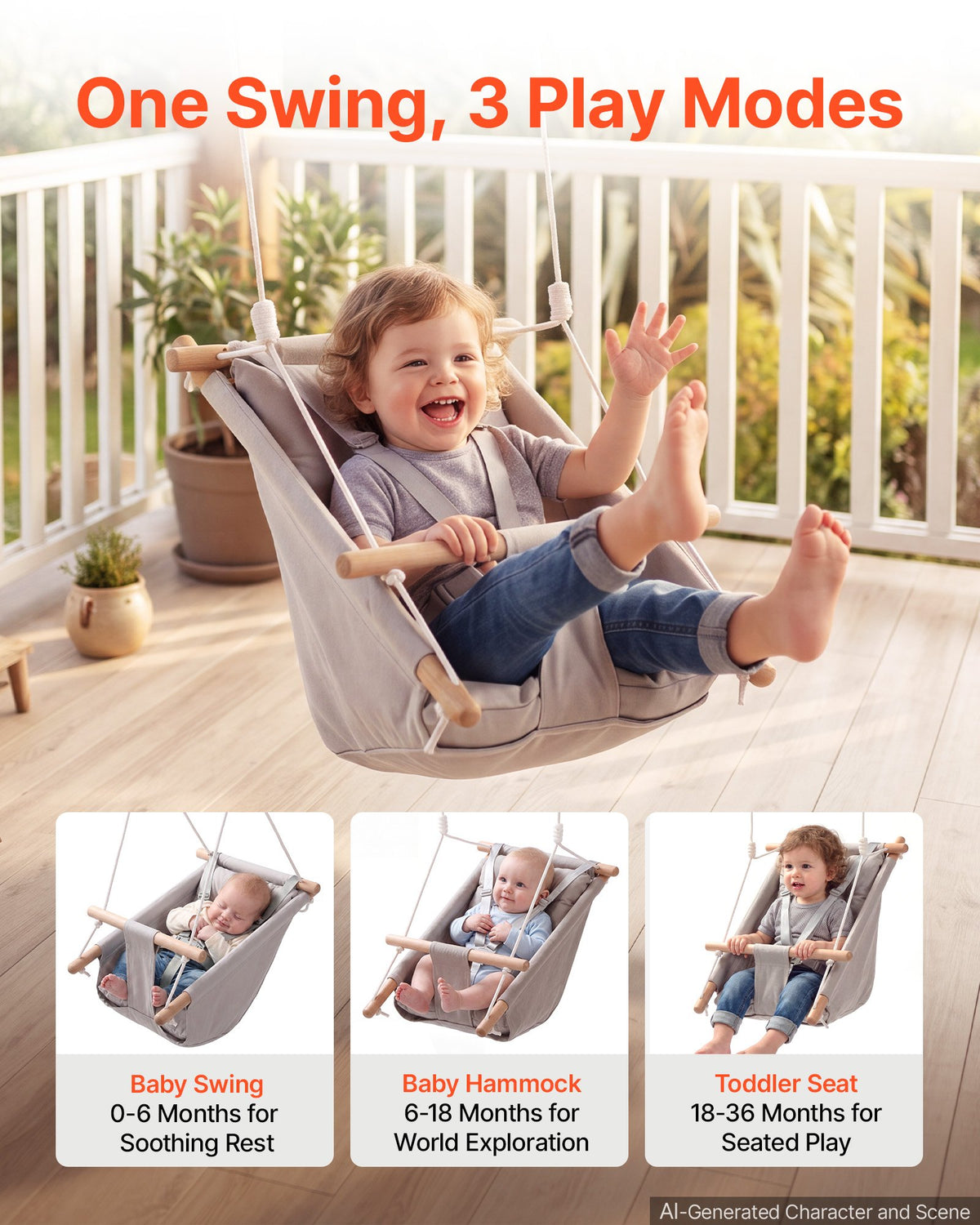 VEVOR Baby Swing 66 lbs Weight Capacity 3 Modes Canvas Hammock Swing Gray, for Indoor and Outdoor, 5-Point Harness and Tree Straps, Wooden Hanging Seat with Integrated Cushion for Baby to Toddler - FBDCQQZYFBDCGE268001V0 - view 3