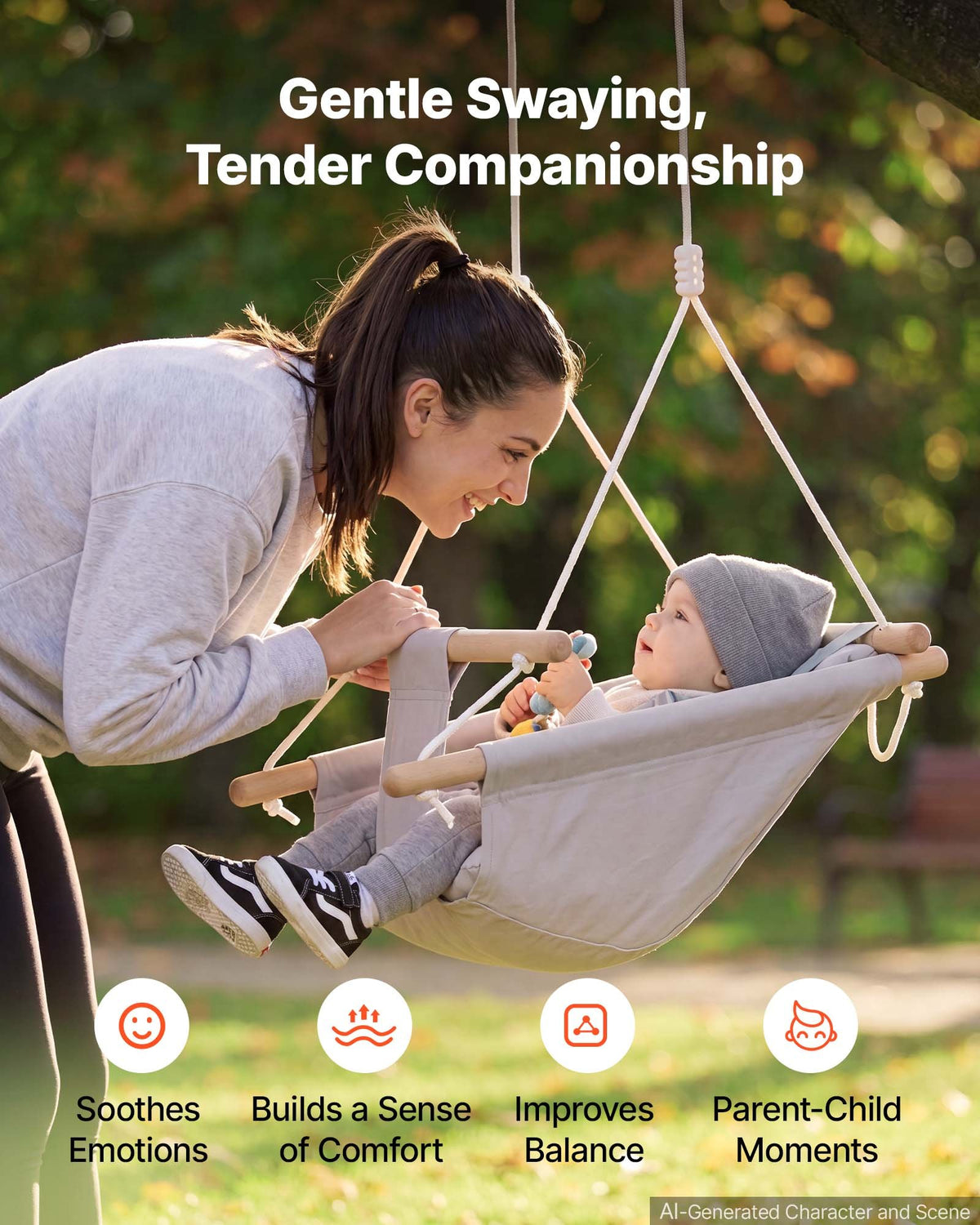 VEVOR Baby Swing 66 lbs Weight Capacity 3 Modes Canvas Hammock Swing Gray, for Indoor and Outdoor, 5-Point Harness and Tree Straps, Wooden Hanging Seat with Integrated Cushion for Baby to Toddler - FBDCQQZYFBDCGE268001V0 - view 4