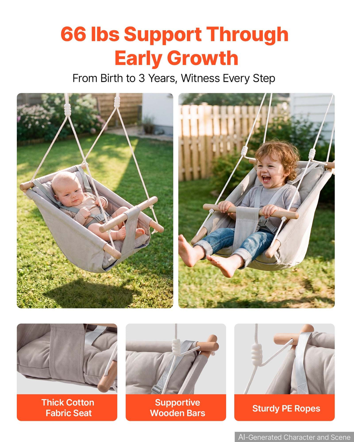 VEVOR Baby Swing 66 lbs Weight Capacity 3 Modes Canvas Hammock Swing Gray, for Indoor and Outdoor, 5-Point Harness and Tree Straps, Wooden Hanging Seat with Integrated Cushion for Baby to Toddler - FBDCQQZYFBDCGE268001V0 - view 5