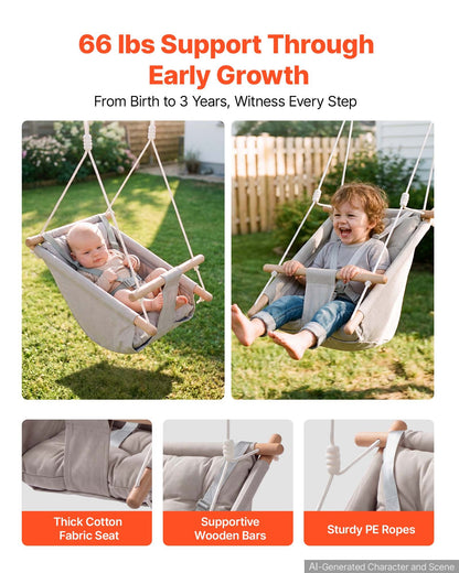 VEVOR Baby Swing 66 lbs Weight Capacity 3 Modes Canvas Hammock Swing Gray, for Indoor and Outdoor, 5-Point Harness and Tree Straps, Wooden Hanging Seat with Integrated Cushion for Baby to Toddler - FBDCQQZYFBDCGE268001V0 - view 5