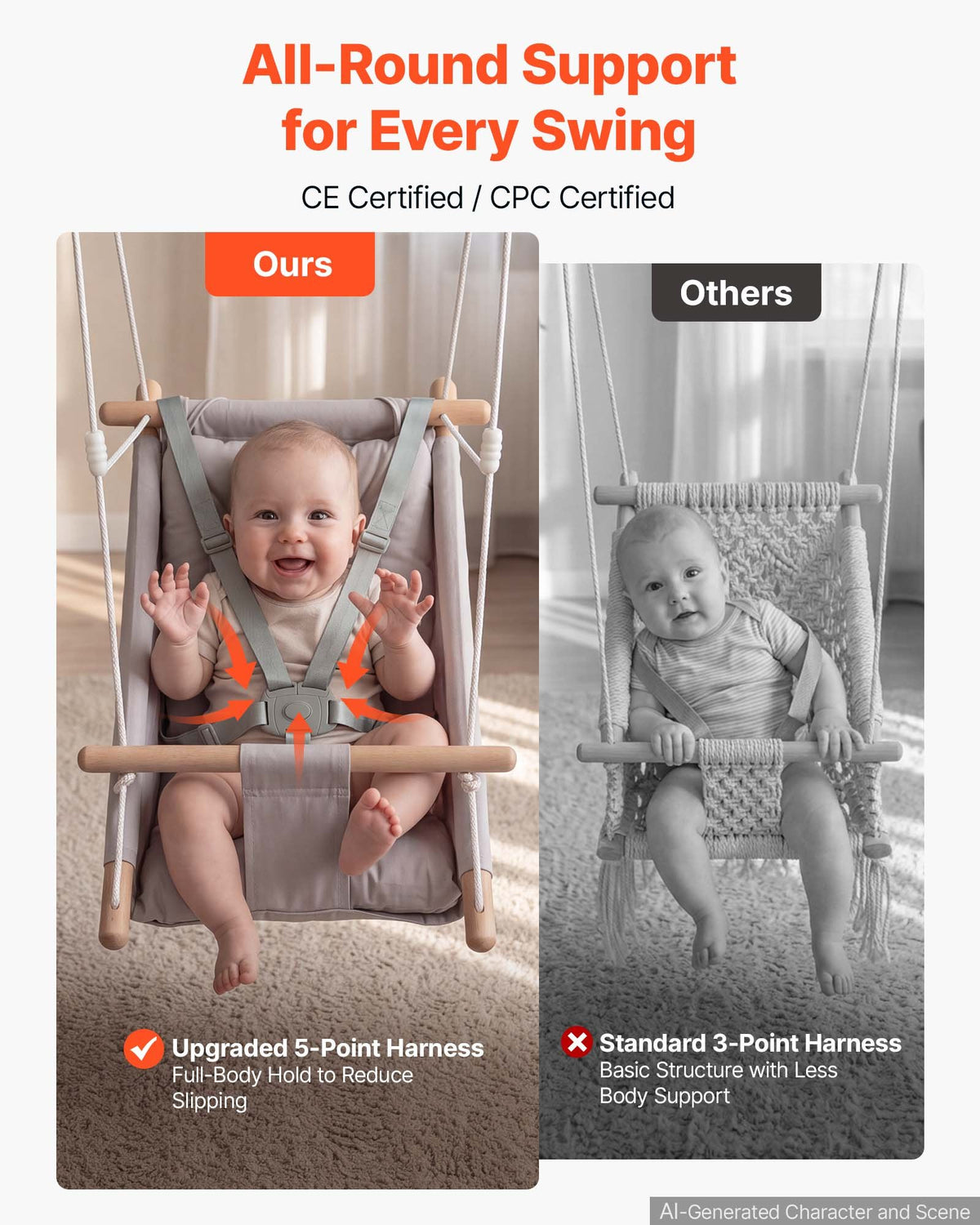 VEVOR Baby Swing 66 lbs Weight Capacity 3 Modes Canvas Hammock Swing Gray, for Indoor and Outdoor, 5-Point Harness and Tree Straps, Wooden Hanging Seat with Integrated Cushion for Baby to Toddler - FBDCQQZYFBDCGE268001V0 - view 6