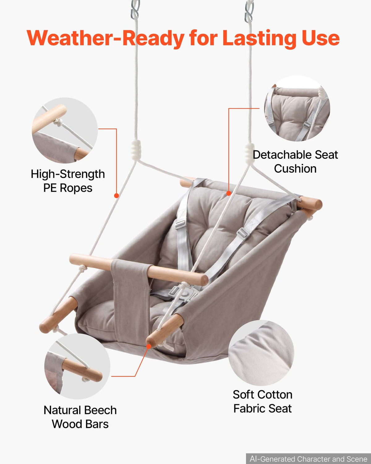 VEVOR Baby Swing 66 lbs Weight Capacity 3 Modes Canvas Hammock Swing Gray, for Indoor and Outdoor, 5-Point Harness and Tree Straps, Wooden Hanging Seat with Integrated Cushion for Baby to Toddler - FBDCQQZYFBDCGE268001V0 - view 7