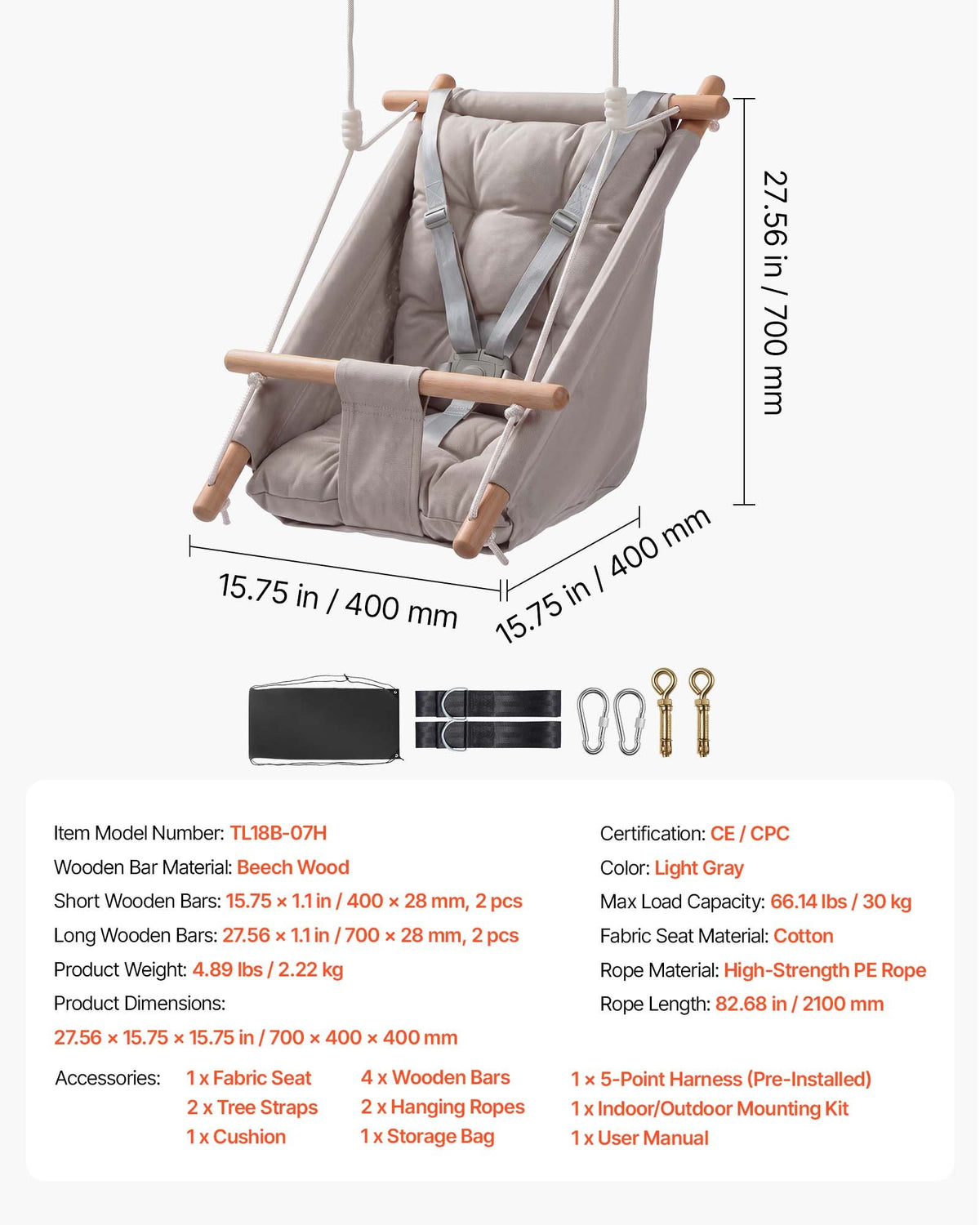 VEVOR Baby Swing 66 lbs Weight Capacity 3 Modes Canvas Hammock Swing Gray, for Indoor and Outdoor, 5-Point Harness and Tree Straps, Wooden Hanging Seat with Integrated Cushion for Baby to Toddler - FBDCQQZYFBDCGE268001V0 - view 8