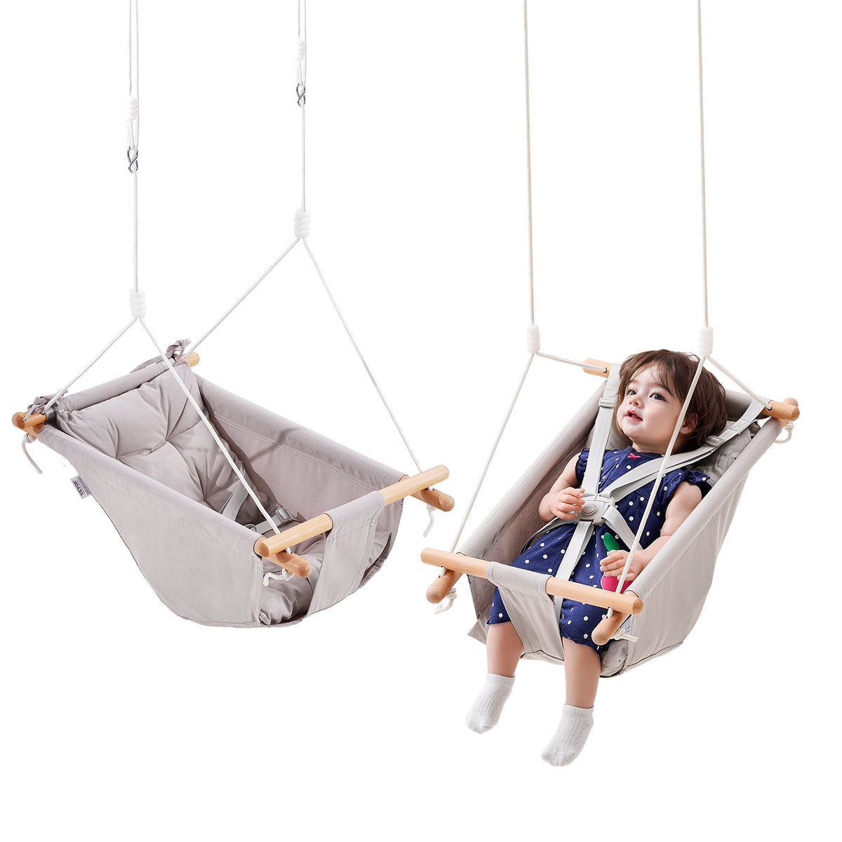 VEVOR Canvas Hammock Swing, 3 Modes Baby Swing Indoor and Outdoor with 5-Point Harness,  and Tree Straps, 150lbs Weight Capacity, Integrated Cushion, Wooden Hanging Swing Seat for Baby to Toddler - FBDCQQZYFBZYMBCRWV0 - view 1