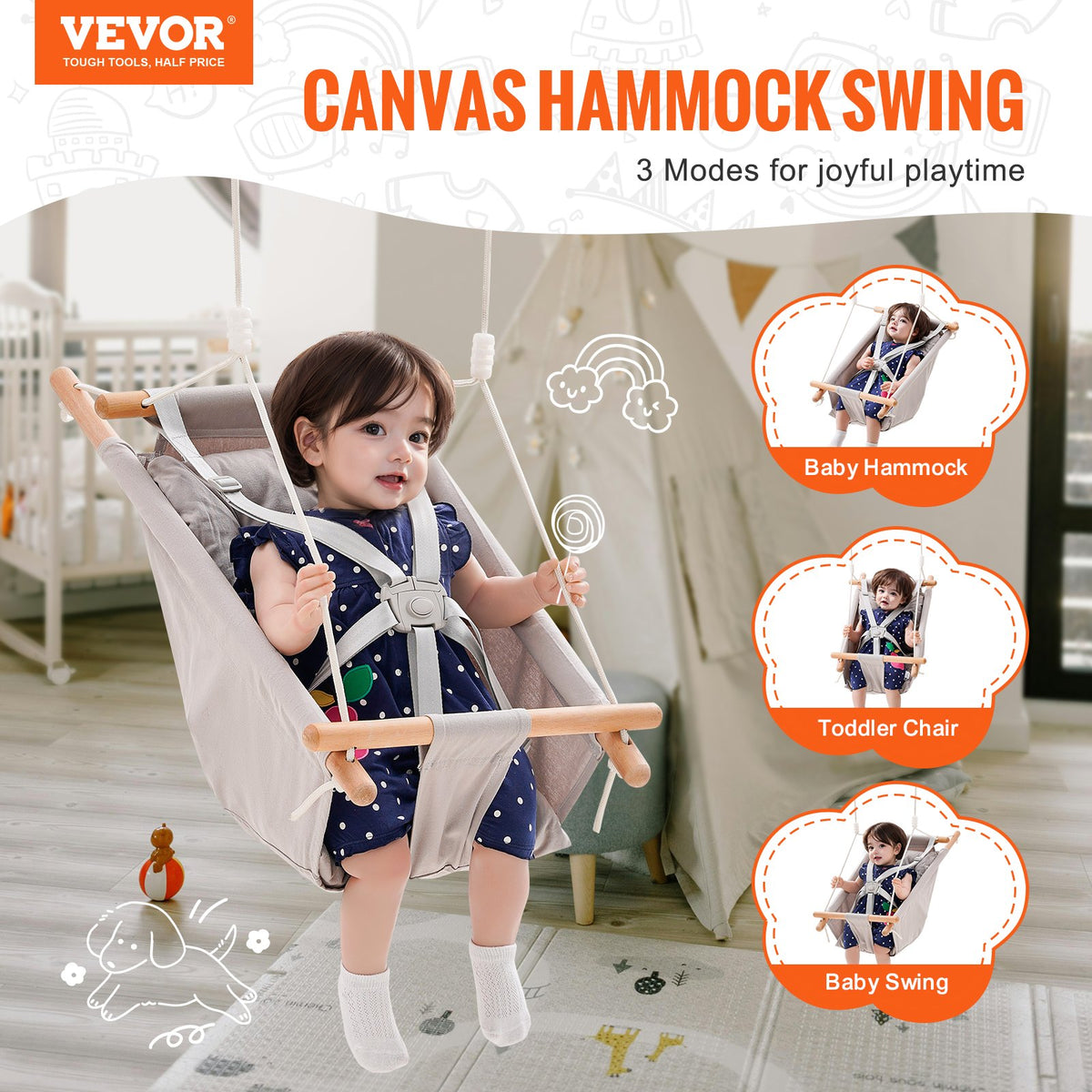 VEVOR Canvas Hammock Swing, 3 Modes Baby Swing Indoor and Outdoor with 5-Point Harness,  and Tree Straps, 150lbs Weight Capacity, Integrated Cushion, Wooden Hanging Swing Seat for Baby to Toddler - FBDCQQZYFBZYMBCRWV0 - view 3