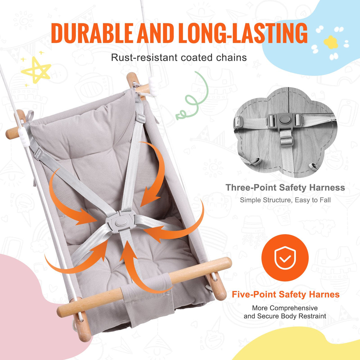 VEVOR Canvas Hammock Swing, 3 Modes Baby Swing Indoor and Outdoor with 5-Point Harness,  and Tree Straps, 150lbs Weight Capacity, Integrated Cushion, Wooden Hanging Swing Seat for Baby to Toddler - FBDCQQZYFBZYMBCRWV0 - view 4