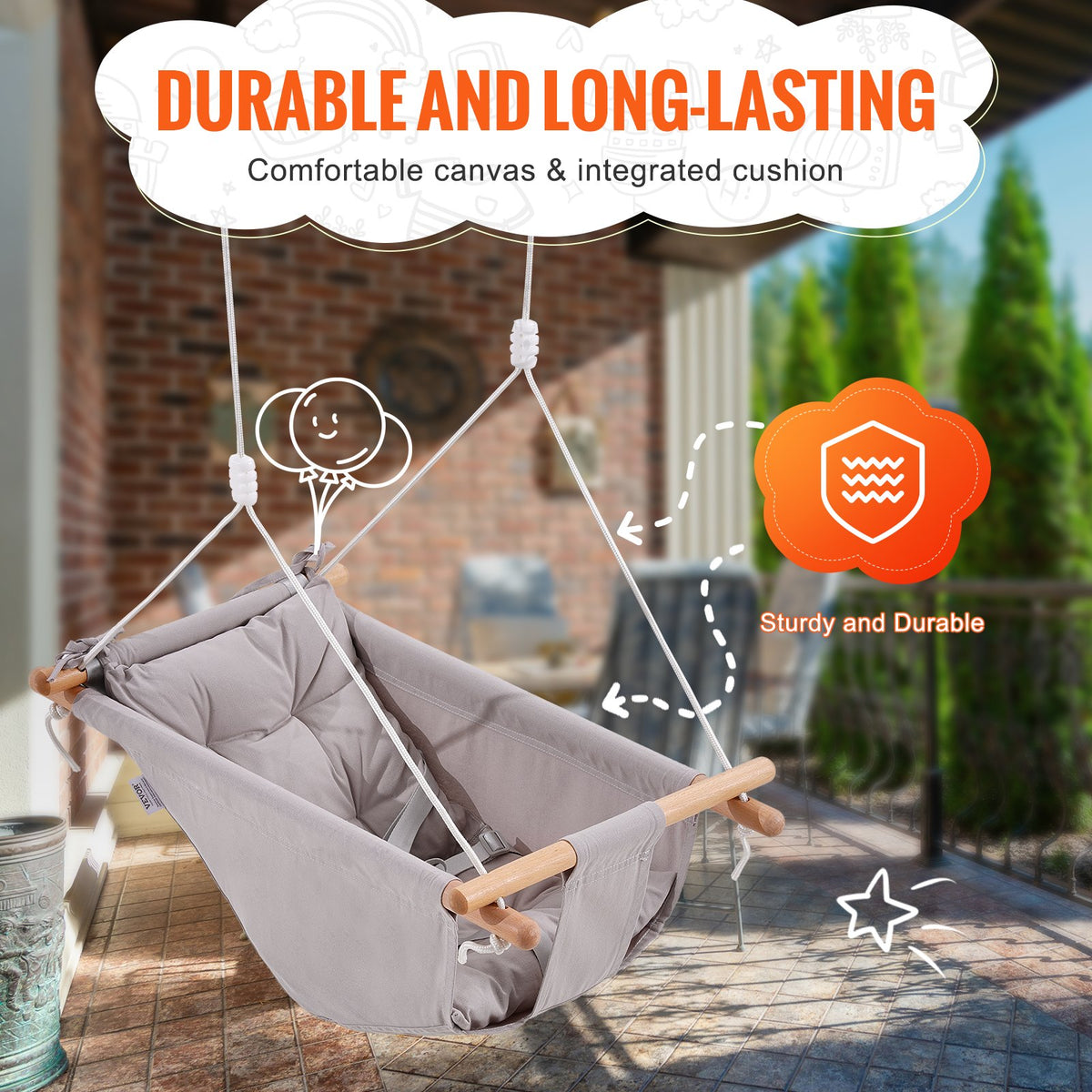 VEVOR Canvas Hammock Swing, 3 Modes Baby Swing Indoor and Outdoor with 5-Point Harness,  and Tree Straps, 150lbs Weight Capacity, Integrated Cushion, Wooden Hanging Swing Seat for Baby to Toddler - FBDCQQZYFBZYMBCRWV0 - view 5