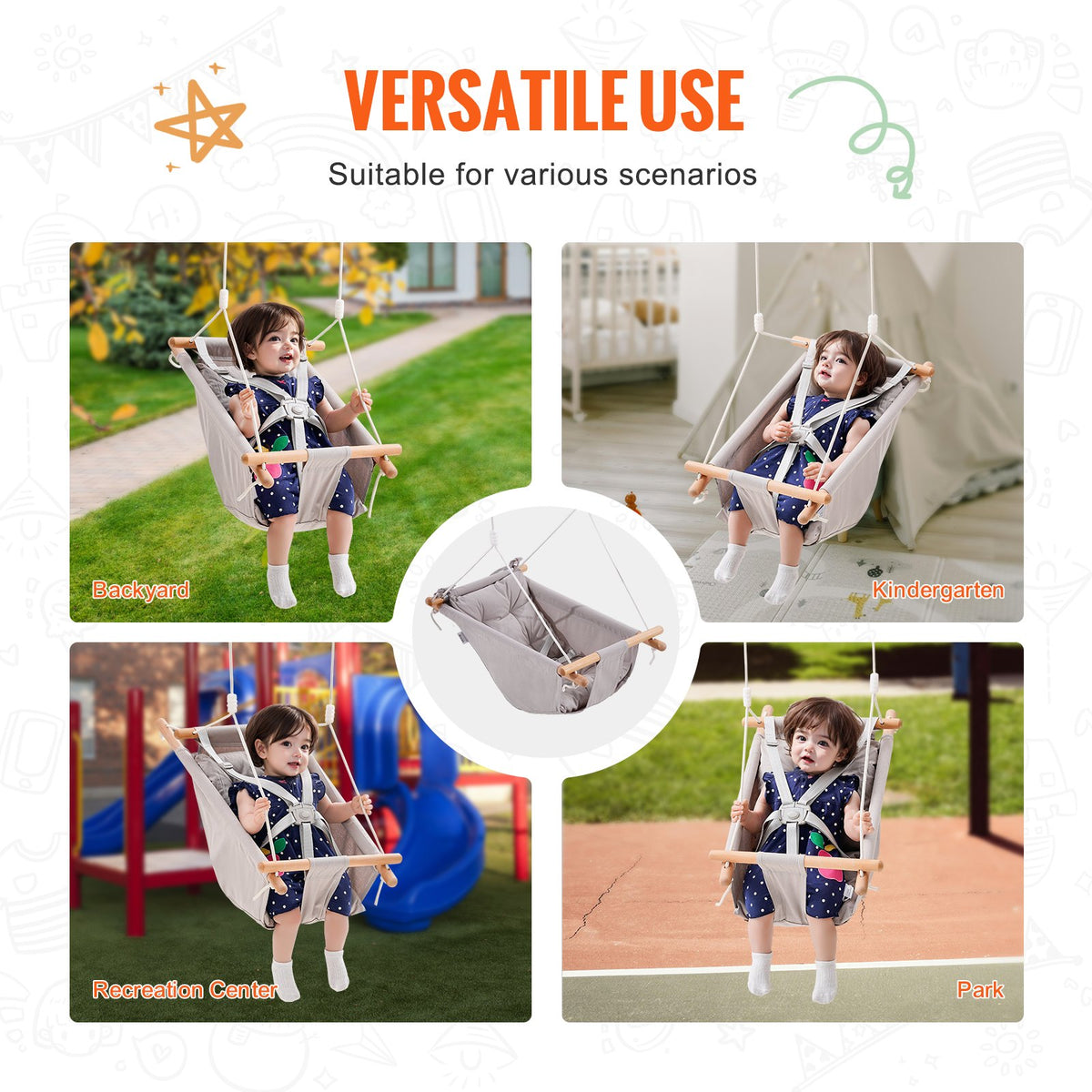 VEVOR Canvas Hammock Swing, 3 Modes Baby Swing Indoor and Outdoor with 5-Point Harness,  and Tree Straps, 150lbs Weight Capacity, Integrated Cushion, Wooden Hanging Swing Seat for Baby to Toddler - FBDCQQZYFBZYMBCRWV0 - view 6