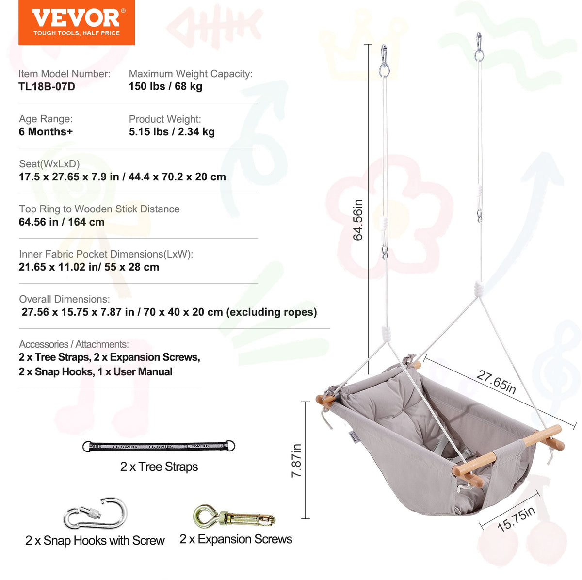 VEVOR Canvas Hammock Swing, 3 Modes Baby Swing Indoor and Outdoor with 5-Point Harness,  and Tree Straps, 150lbs Weight Capacity, Integrated Cushion, Wooden Hanging Swing Seat for Baby to Toddler - FBDCQQZYFBZYMBCRWV0 - view 8