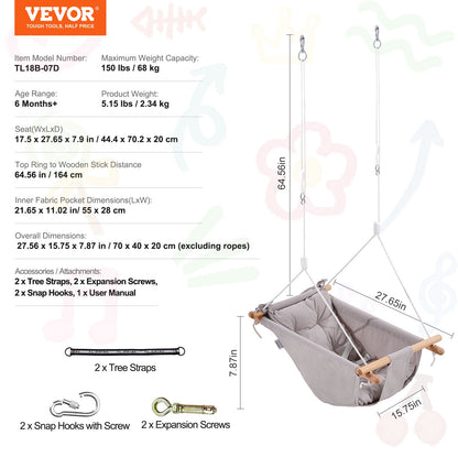 VEVOR Canvas Hammock Swing, 3 Modes Baby Swing Indoor and Outdoor with 5-Point Harness,  and Tree Straps, 150lbs Weight Capacity, Integrated Cushion, Wooden Hanging Swing Seat for Baby to Toddler - FBDCQQZYFBZYMBCRWV0 - view 8