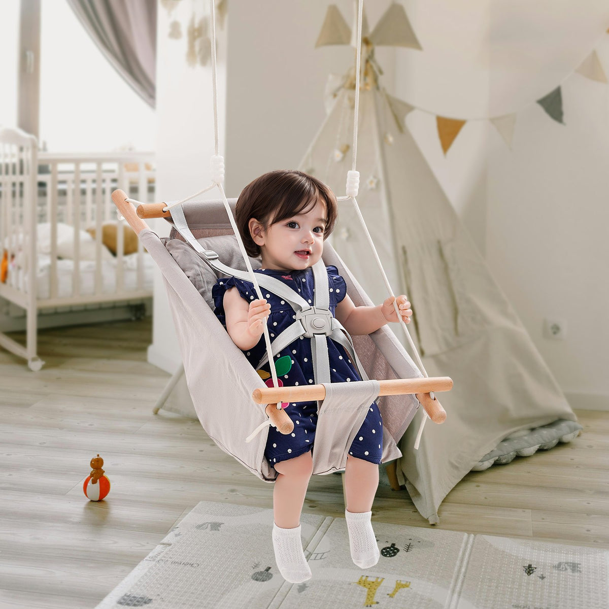 VEVOR Canvas Hammock Swing, 3 Modes Baby Swing Indoor and Outdoor with 5-Point Harness,  and Tree Straps, 150lbs Weight Capacity, Integrated Cushion, Wooden Hanging Swing Seat for Baby to Toddler - FBDCQQZYFBZYMBCRWV0 - view 9
