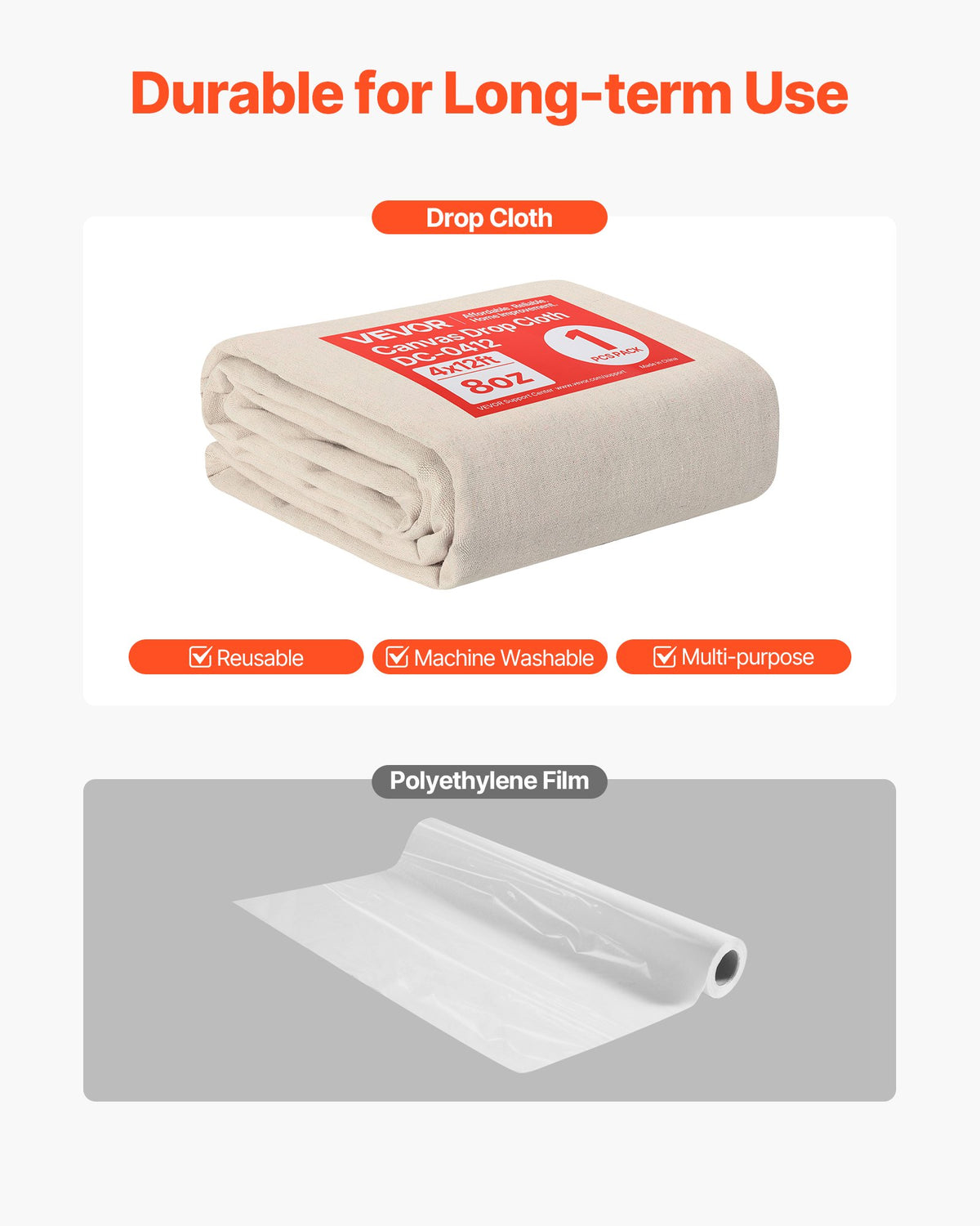VEVOR Canvas Drop Cloth, 4x12 ft Painters Drop Cloth for Painting, 8oz All Purpose Canvas Tarp for Furniture & Floor Protection, Cotton Fabric Paint Tarp for Curtains, Tablecloths, Washable & Reusable - FBFCB412FT1JZKDQN001V0 - view 6