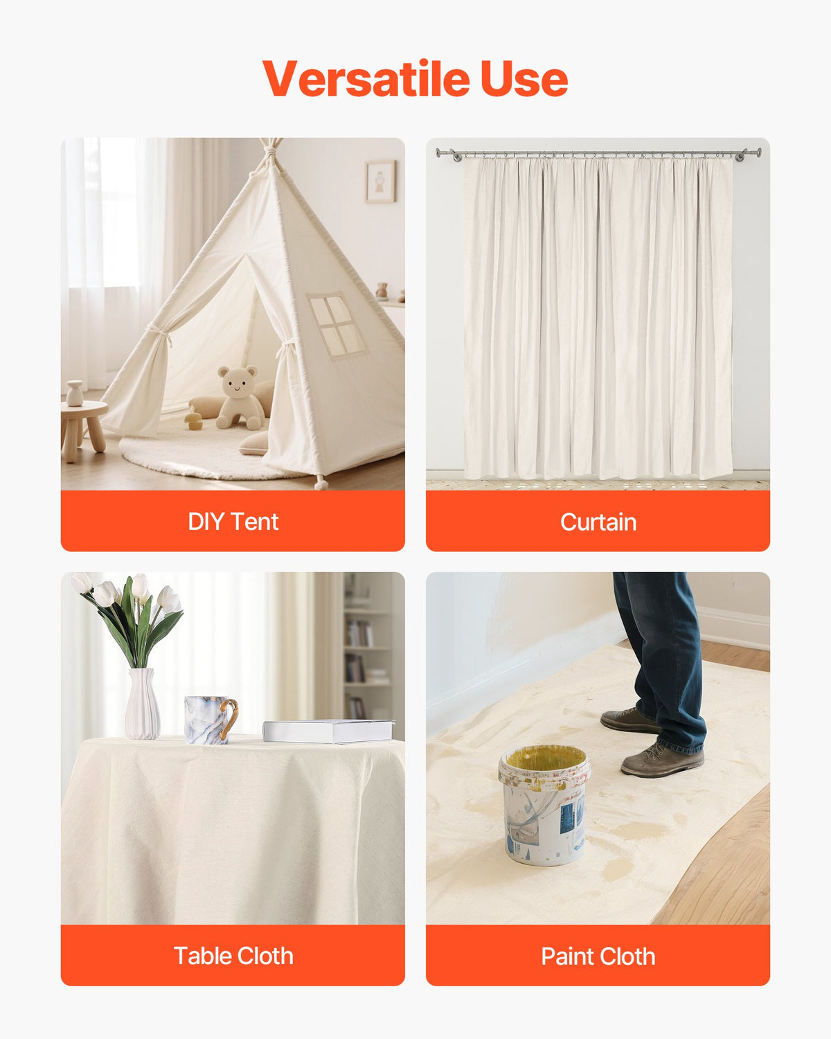 VEVOR Canvas Drop Cloth, 4x12 ft Painters Drop Cloth for Painting, 8oz All Purpose Canvas Tarp for Furniture & Floor Protection, Cotton Fabric Paint Tarp for Curtains, Tablecloths, Washable & Reusable - FBFCB412FT1JZKDQN001V0 - view 7