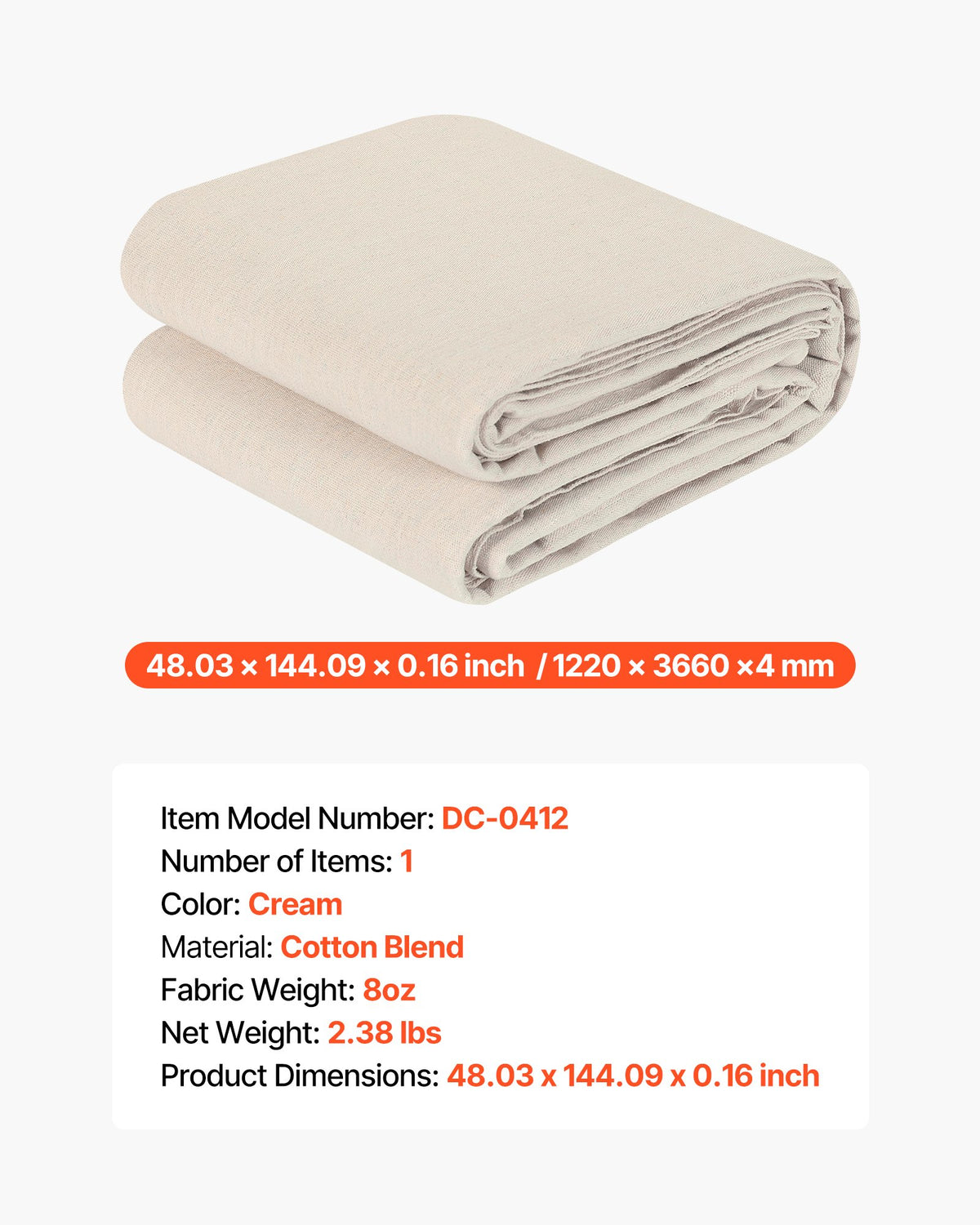 VEVOR Canvas Drop Cloth, 4x12 ft Painters Drop Cloth for Painting, 8oz All Purpose Canvas Tarp for Furniture & Floor Protection, Cotton Fabric Paint Tarp for Curtains, Tablecloths, Washable & Reusable - FBFCB412FT1JZKDQN001V0 - view 8
