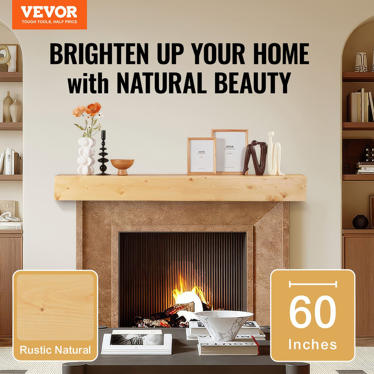 VEVOR Fireplace Mantel, 60" x 8" x 6", 50 lbs Weight Capacity, Natural Wood Mantel for Over Fireplace, Wall Mounted Floating Farmhouse Shelf, Handcrafted Wood Mantel for Wall Decor, Rustic Natural - FBJXBLJ60YCFFULGEV0 - view 3