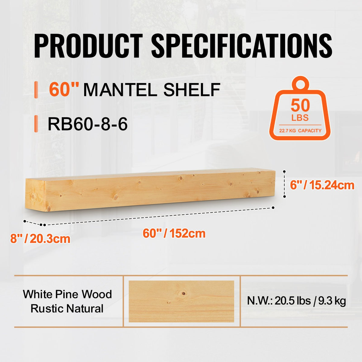 VEVOR Fireplace Mantel, 60" x 8" x 6", 50 lbs Weight Capacity, Natural Wood Mantel for Over Fireplace, Wall Mounted Floating Farmhouse Shelf, Handcrafted Wood Mantel for Wall Decor, Rustic Natural - FBJXBLJ60YCFFULGEV0 - view 4