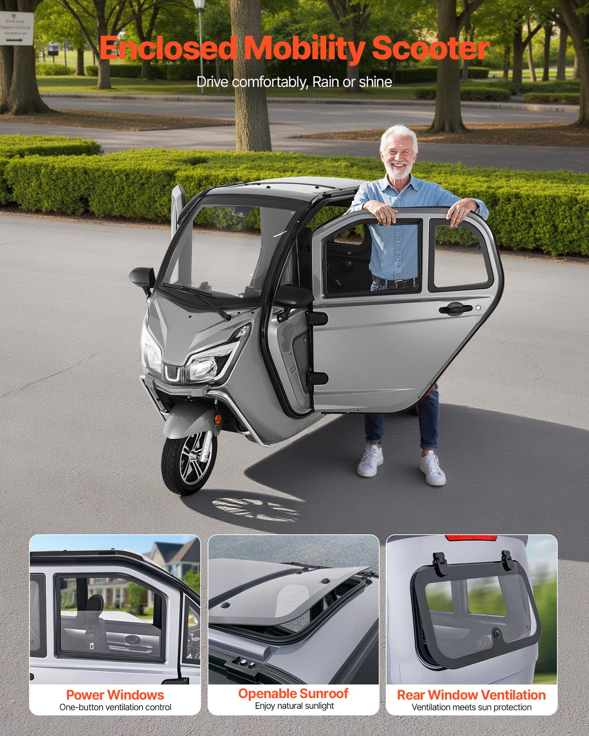 VEVOR 3-Wheel Enclosed Mobility Scooter for Seniors Adults, 650lbs Capacity, 3-Seater 1500W Electric Recreational Mobility Scooter 37 Miles Long Range, Remote Unlock, All-Terrain for Shopping Touring - FBSDBCSLSPZ2D3W32001V1 - view 3