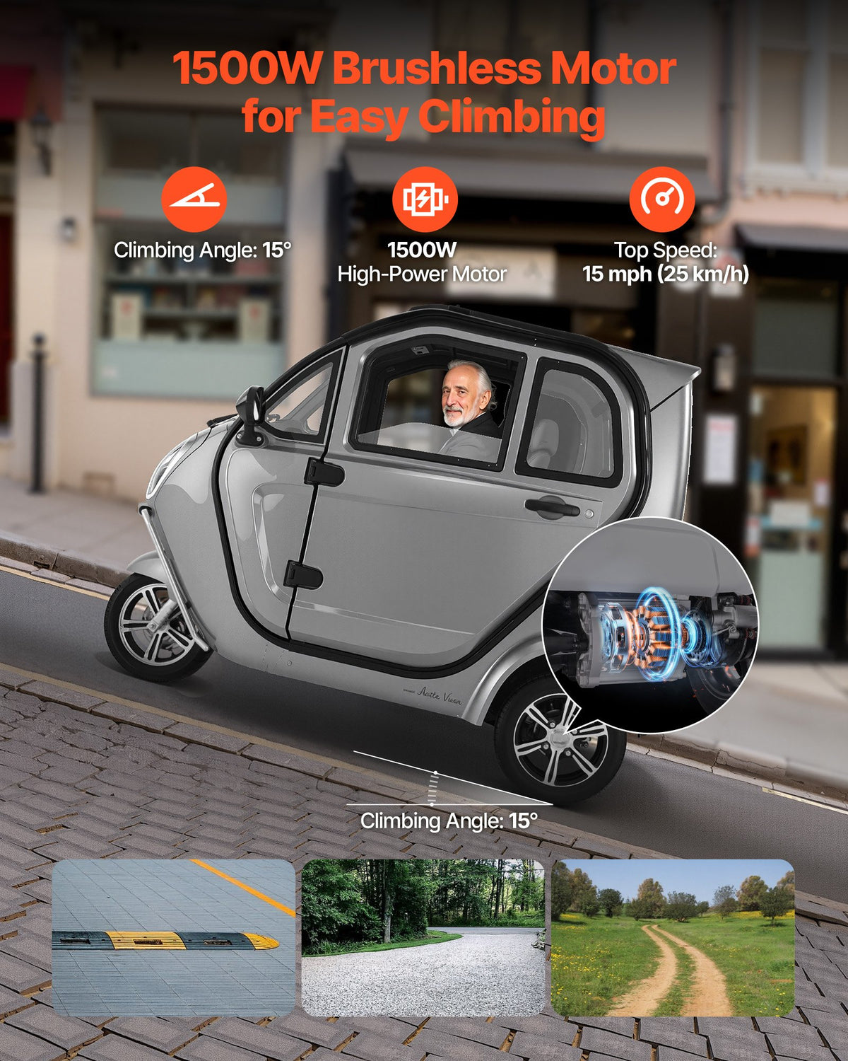 VEVOR 3-Wheel Enclosed Mobility Scooter for Seniors Adults, 650lbs Capacity, 3-Seater 1500W Electric Recreational Mobility Scooter 37 Miles Long Range, Remote Unlock, All-Terrain for Shopping Touring - FBSDBCSLSPZ2D3W32001V1 - view 4